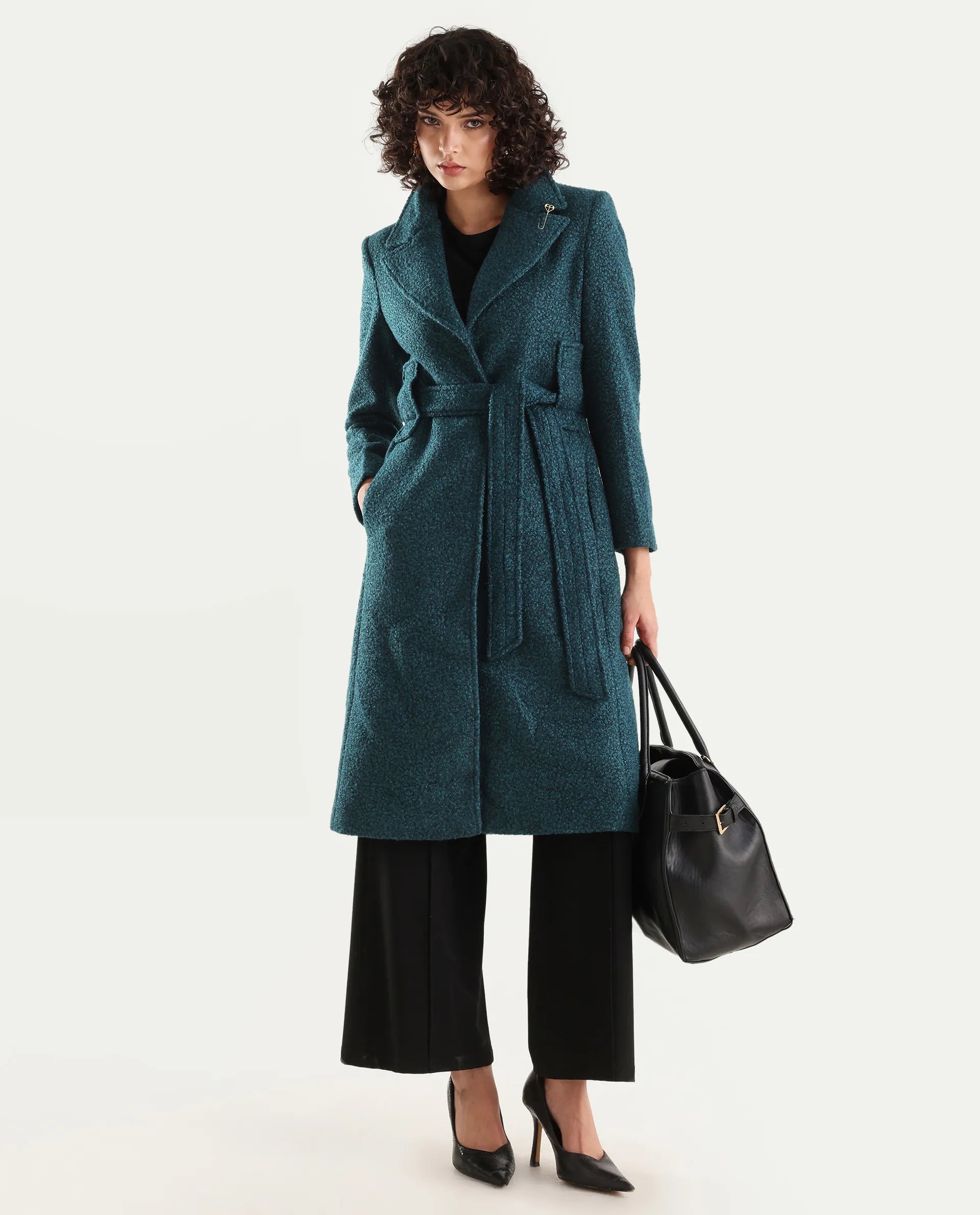 Rareism Women's Gisbor Teal Cotton Blend Lapel Neck Plain Midi Regular Fit Jacket