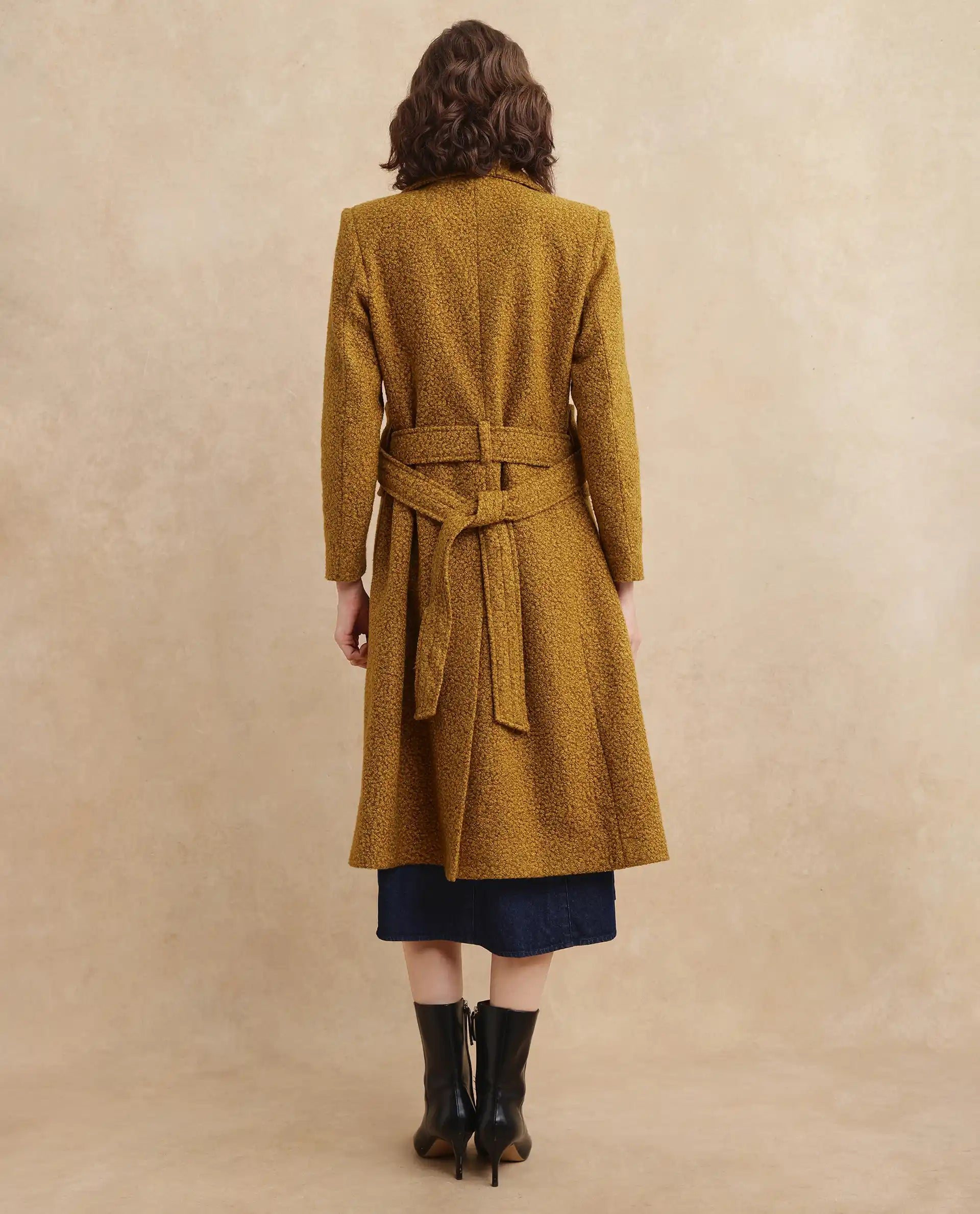 Rareism Women's Gisbor Yellow Sherpa Lapel Neck Plain Midi Regular Fit Jacket