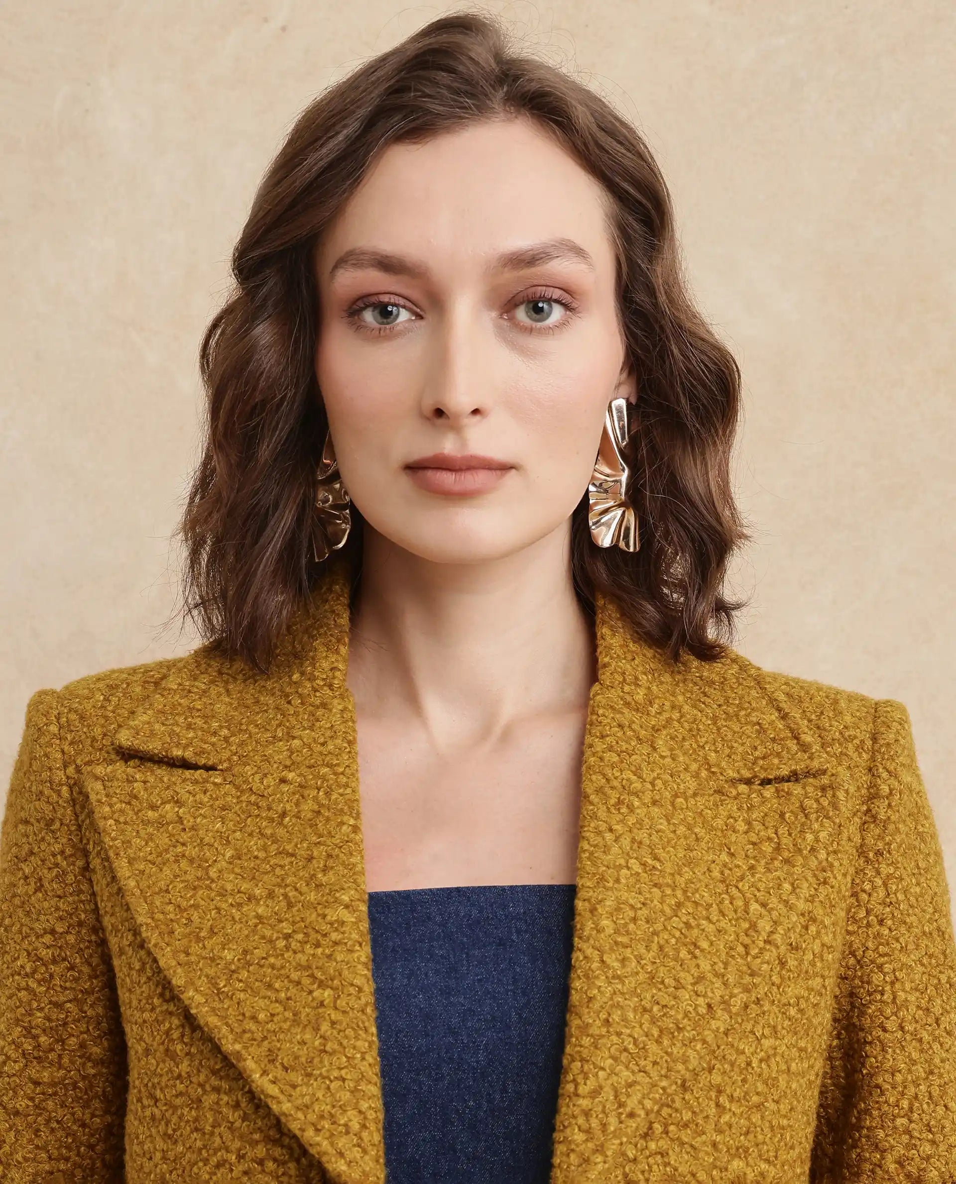 Rareism Women's Gisbor Yellow Sherpa Lapel Neck Plain Midi Regular Fit Jacket