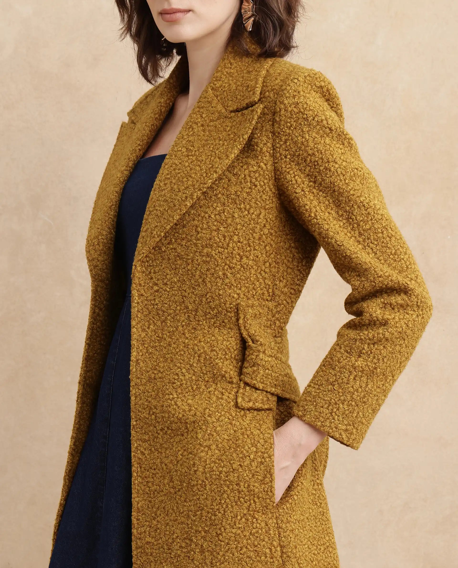 Rareism Women's Gisbor Yellow Sherpa Lapel Neck Plain Midi Regular Fit Jacket