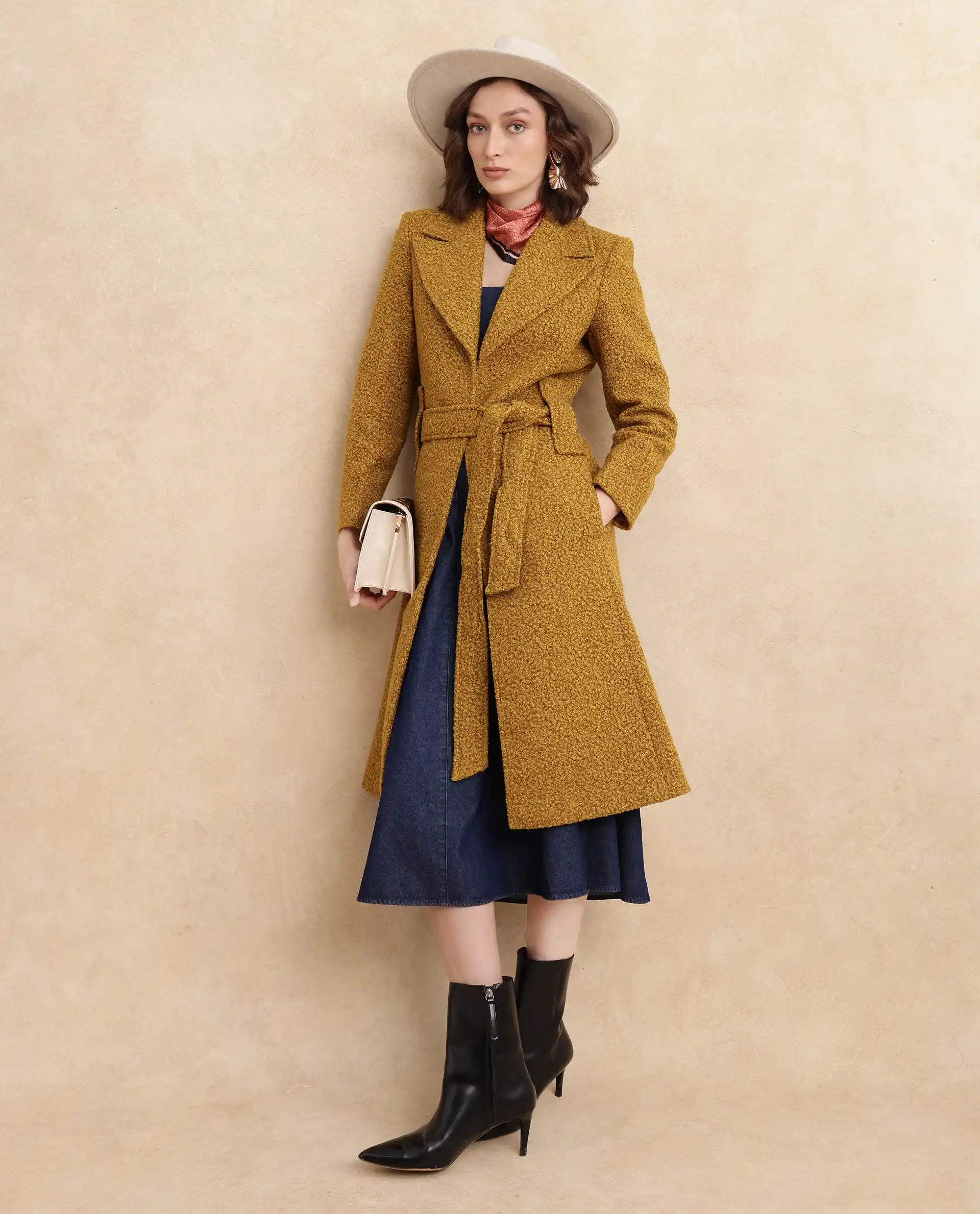 Rareism Women's Gisbor Yellow Sherpa Lapel Neck Plain Midi Regular Fit Jacket