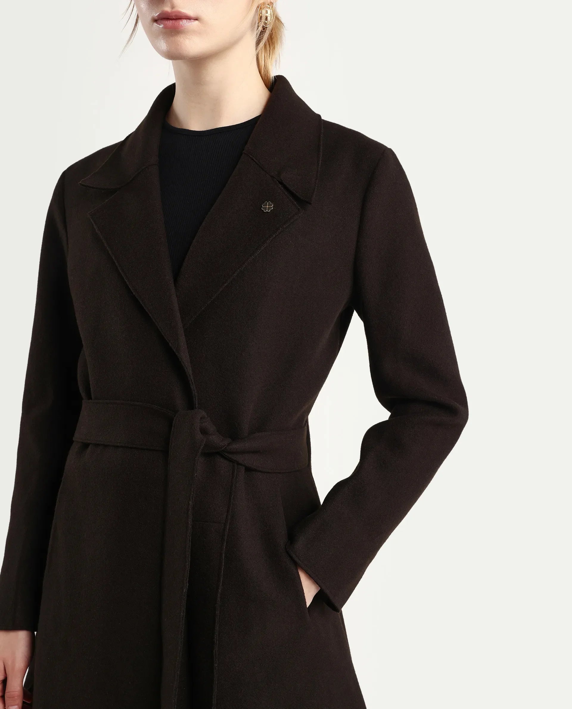 Rareism Women's Gisbory Olive Polyester Blend Lapel Collar Coat Plain Coat