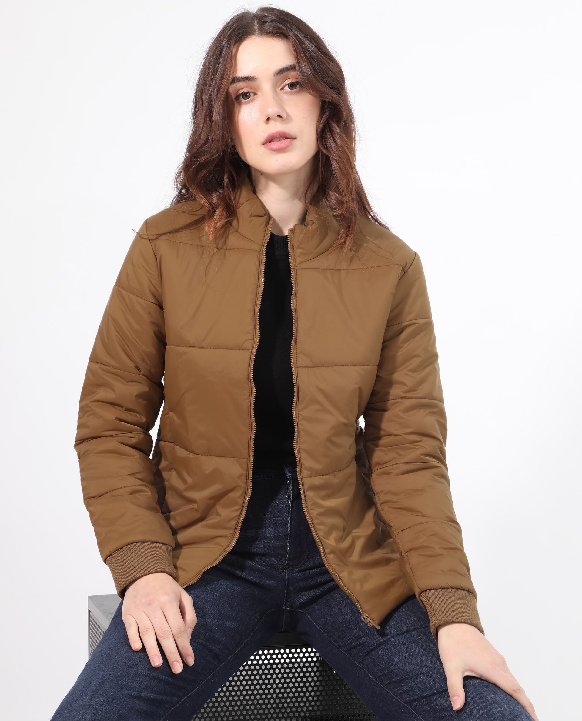 Rareism Women Glasha Ls Brown Polyester Fabric Full Sleeves Solid High Neck Jacket