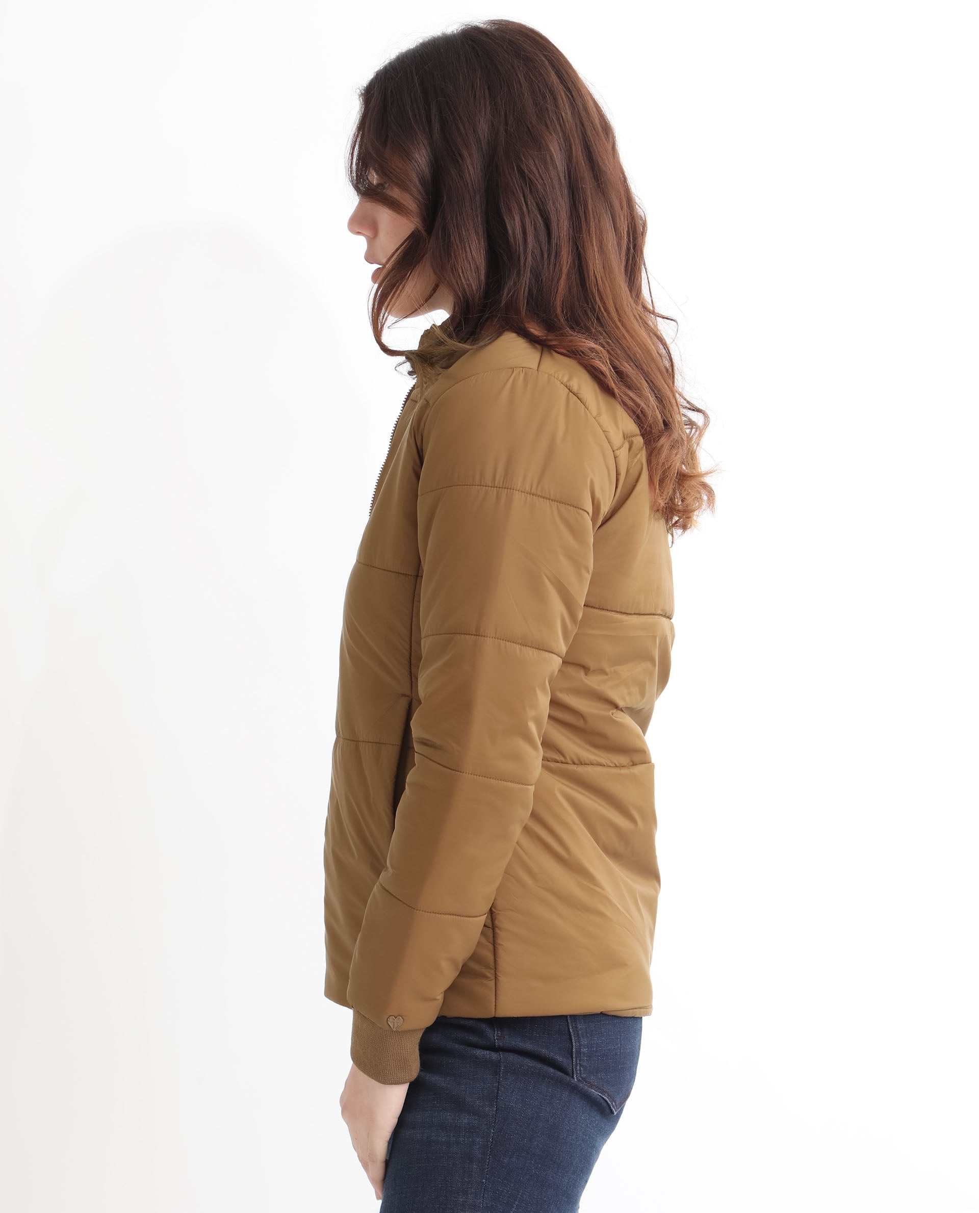 Rareism Women Glasha Ls Brown Polyester Fabric Full Sleeves Solid High Neck Jacket