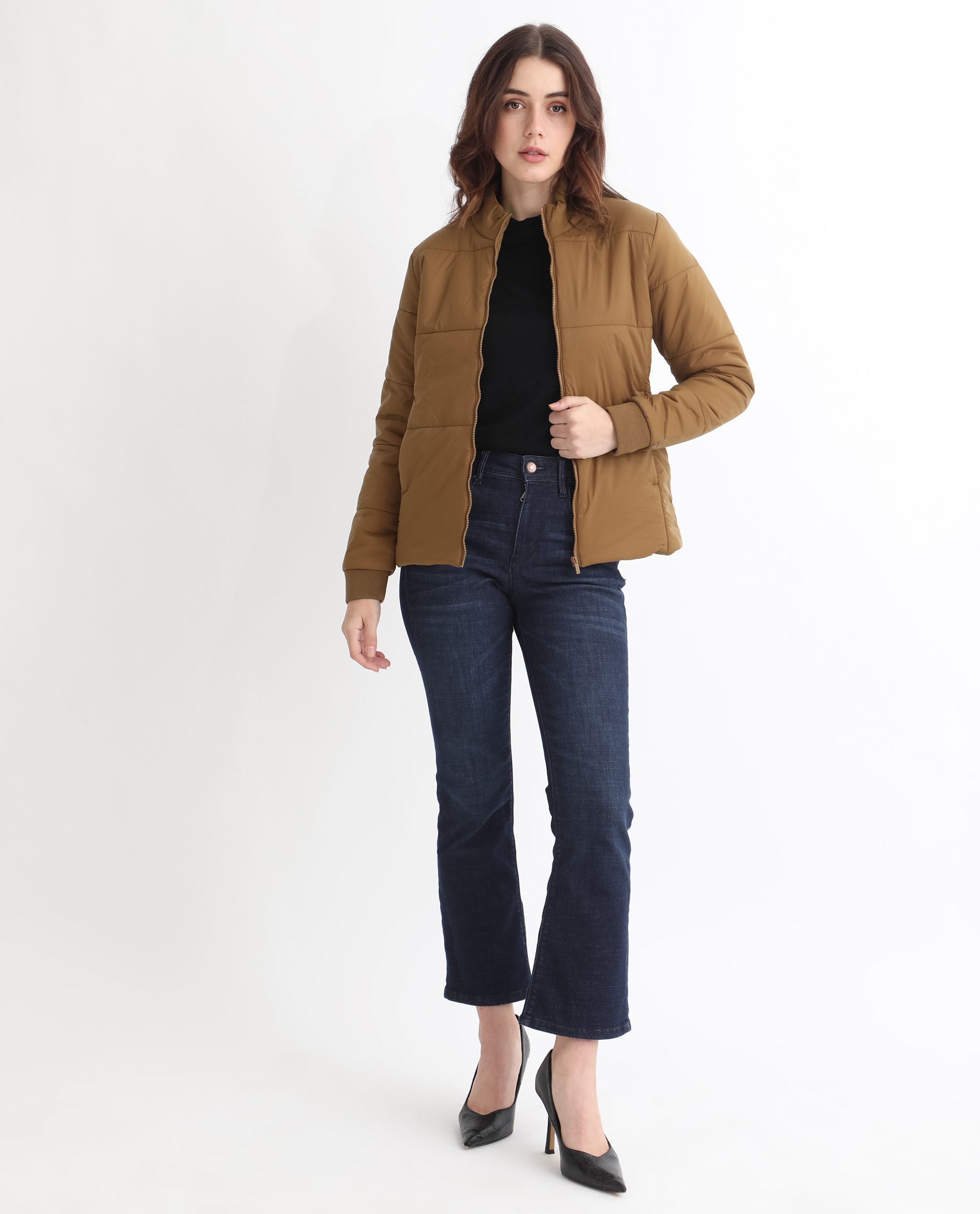 Rareism Women Glasha Ls Brown Polyester Fabric Full Sleeves Solid High Neck Jacket