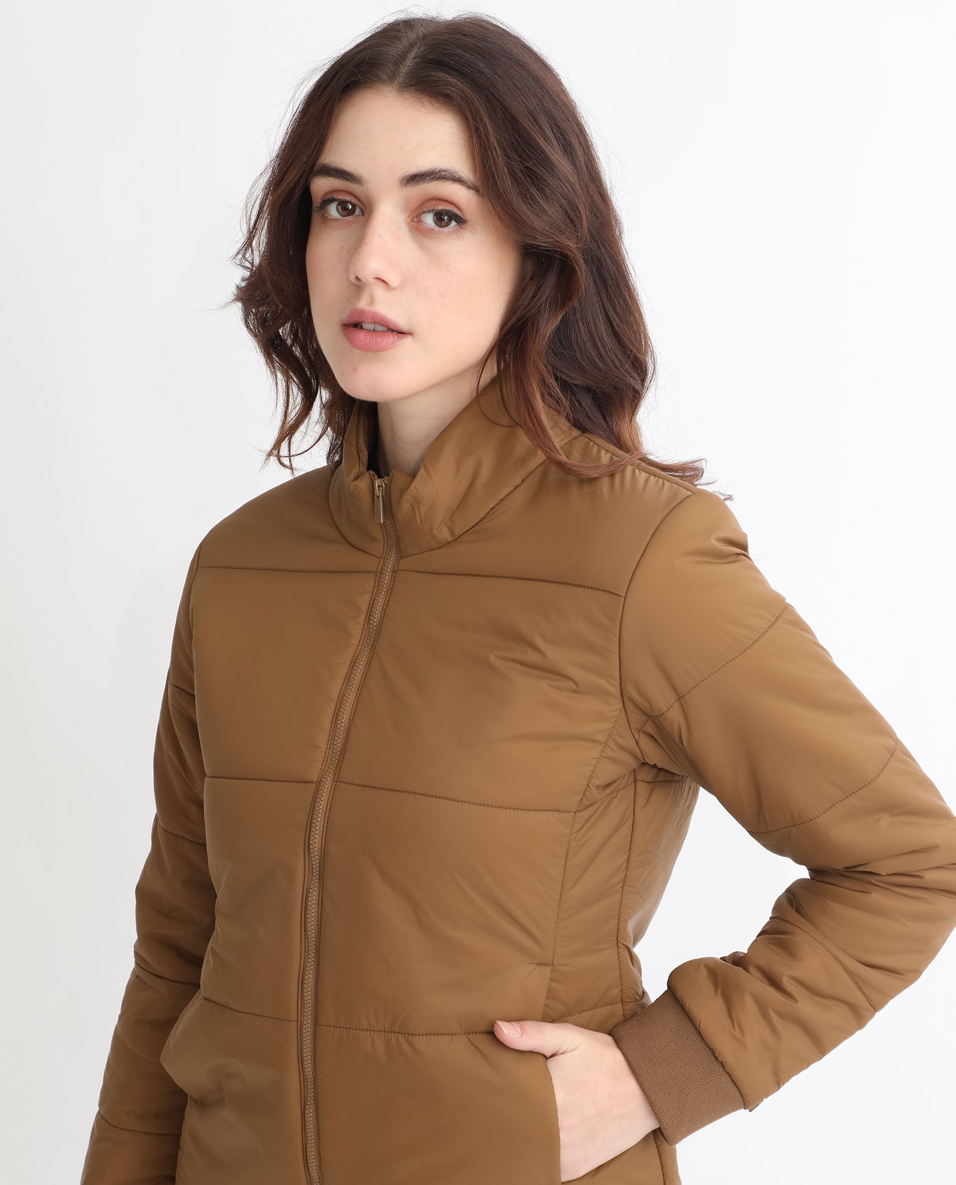 Rareism Women Glasha Ls Brown Polyester Fabric Full Sleeves Solid High Neck Jacket