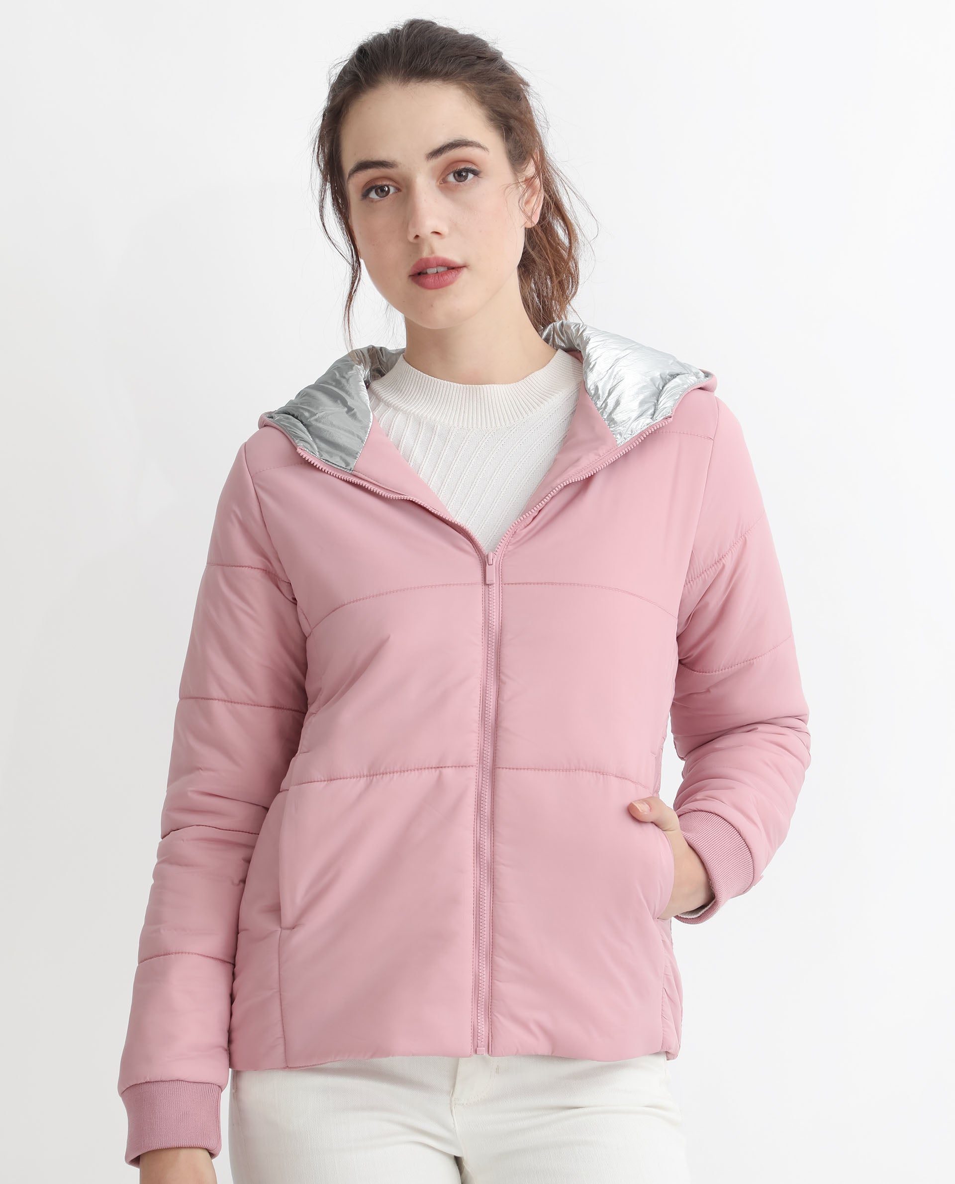 Rareism Women Glasha Hls Pink Polyester Fabric Full Sleeves Solid Hooded Jacket