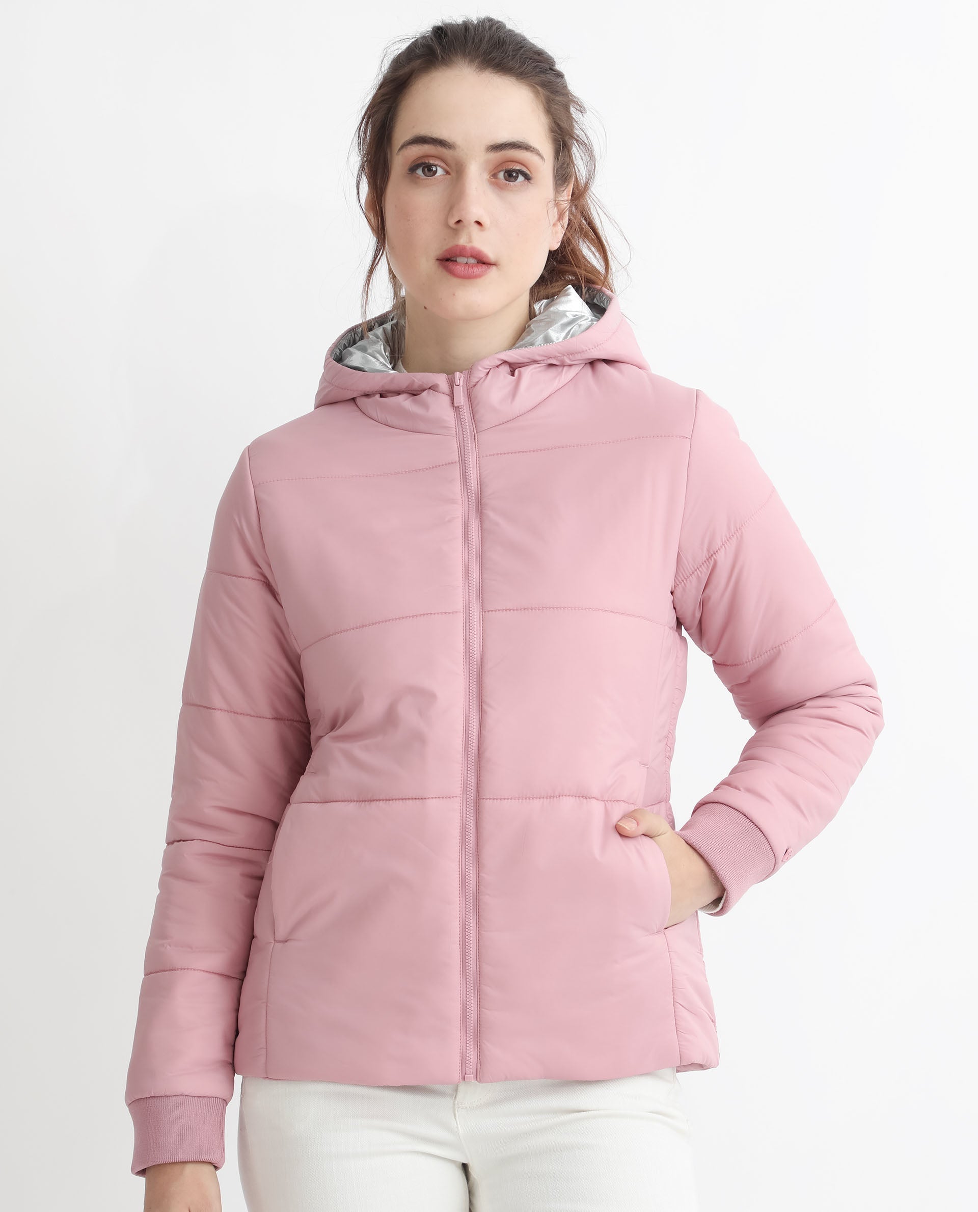 Rareism Women Glasha Hls Pink Polyester Fabric Full Sleeves Solid Hooded Jacket