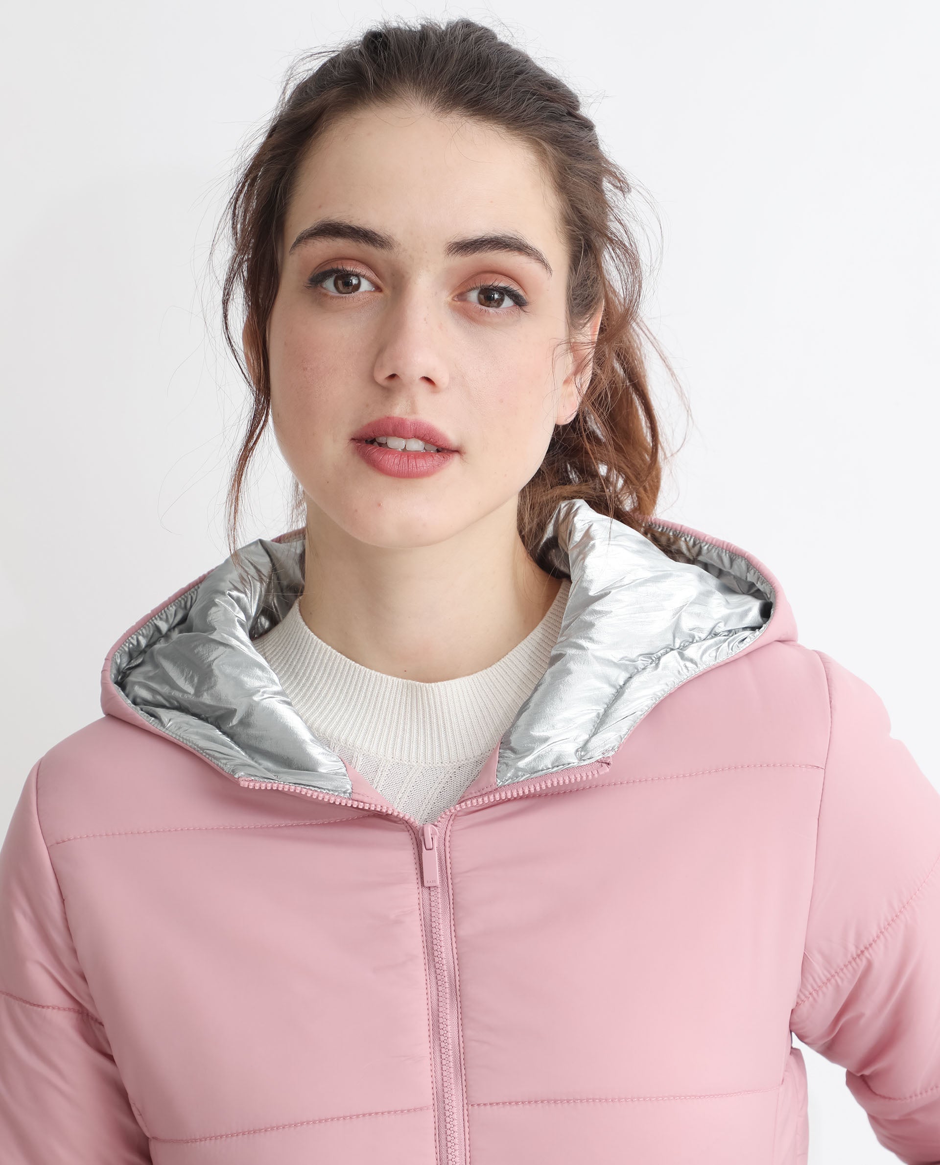 Rareism Women Glasha Hls Pink Polyester Fabric Full Sleeves Solid Hooded Jacket