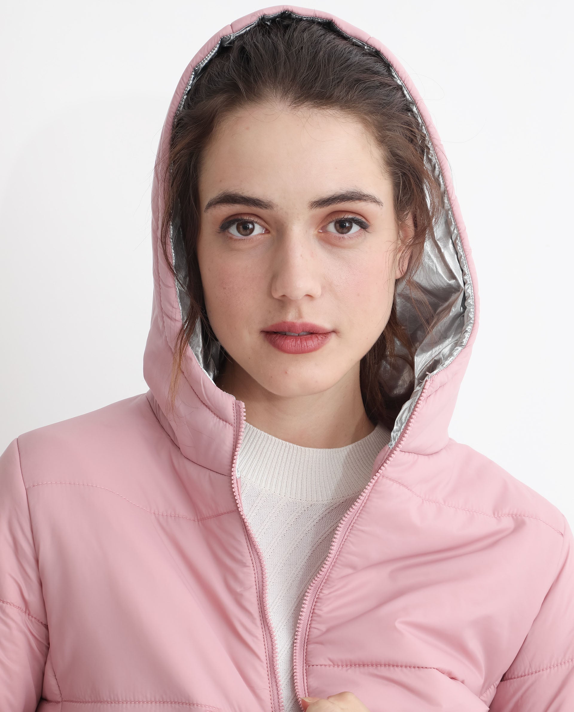 Rareism Women Glasha Hls Pink Polyester Fabric Full Sleeves Solid Hooded Jacket