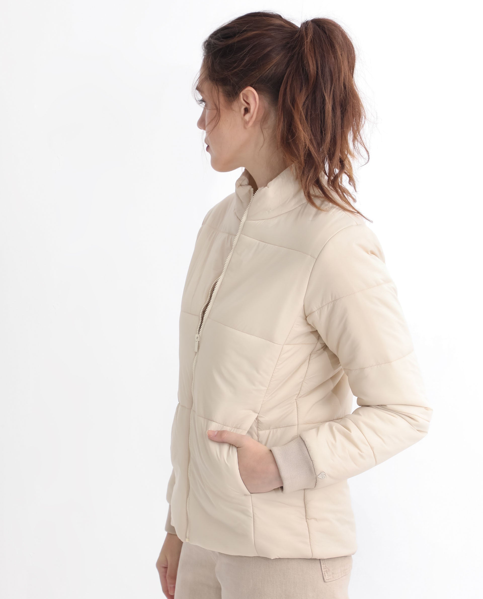Rareism Women Glasha Ls Beige Polyester Fabric Full Sleeves Solid High Neck Jacket