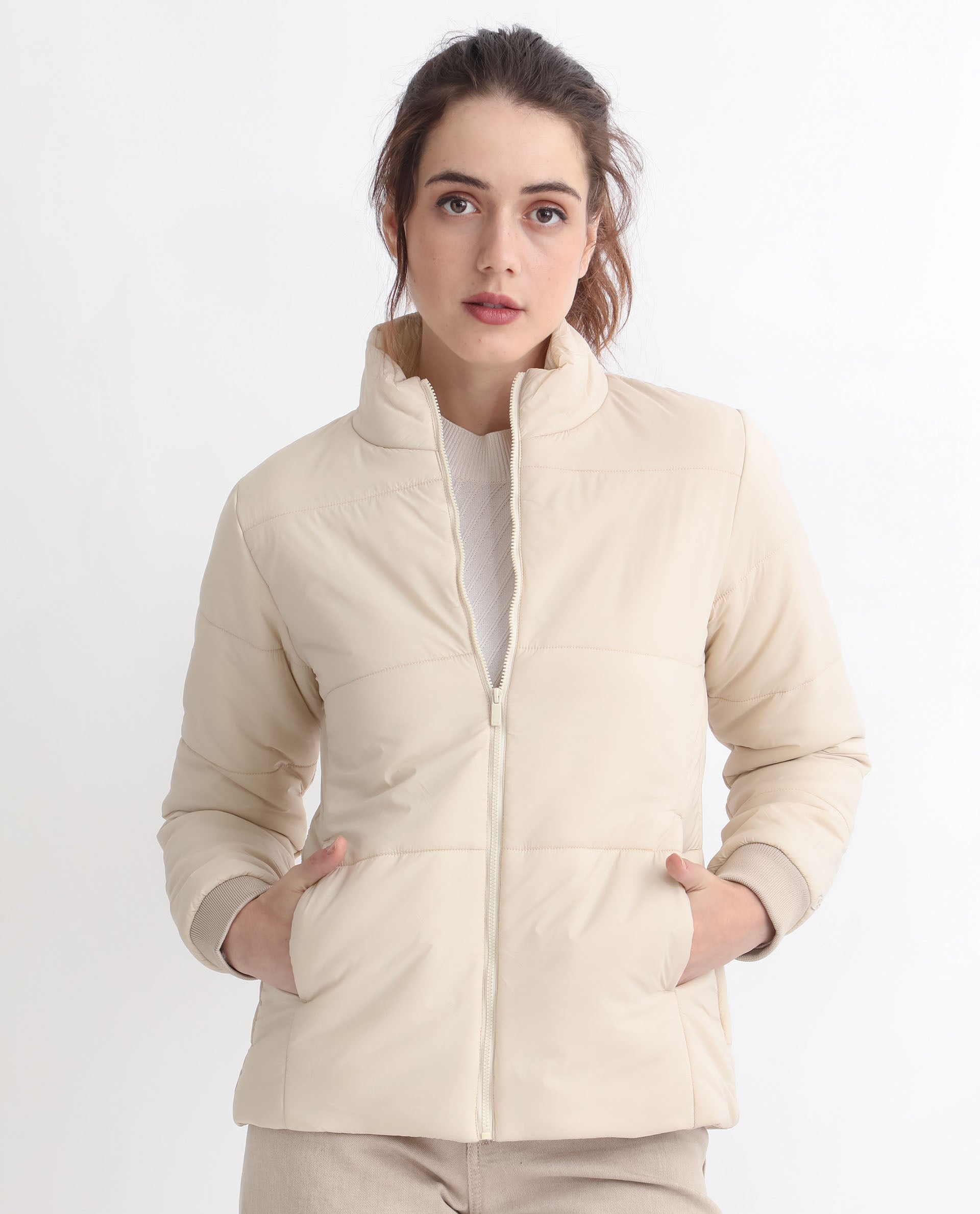Rareism Women Glasha Ls Beige Polyester Fabric Full Sleeves Solid High Neck Jacket