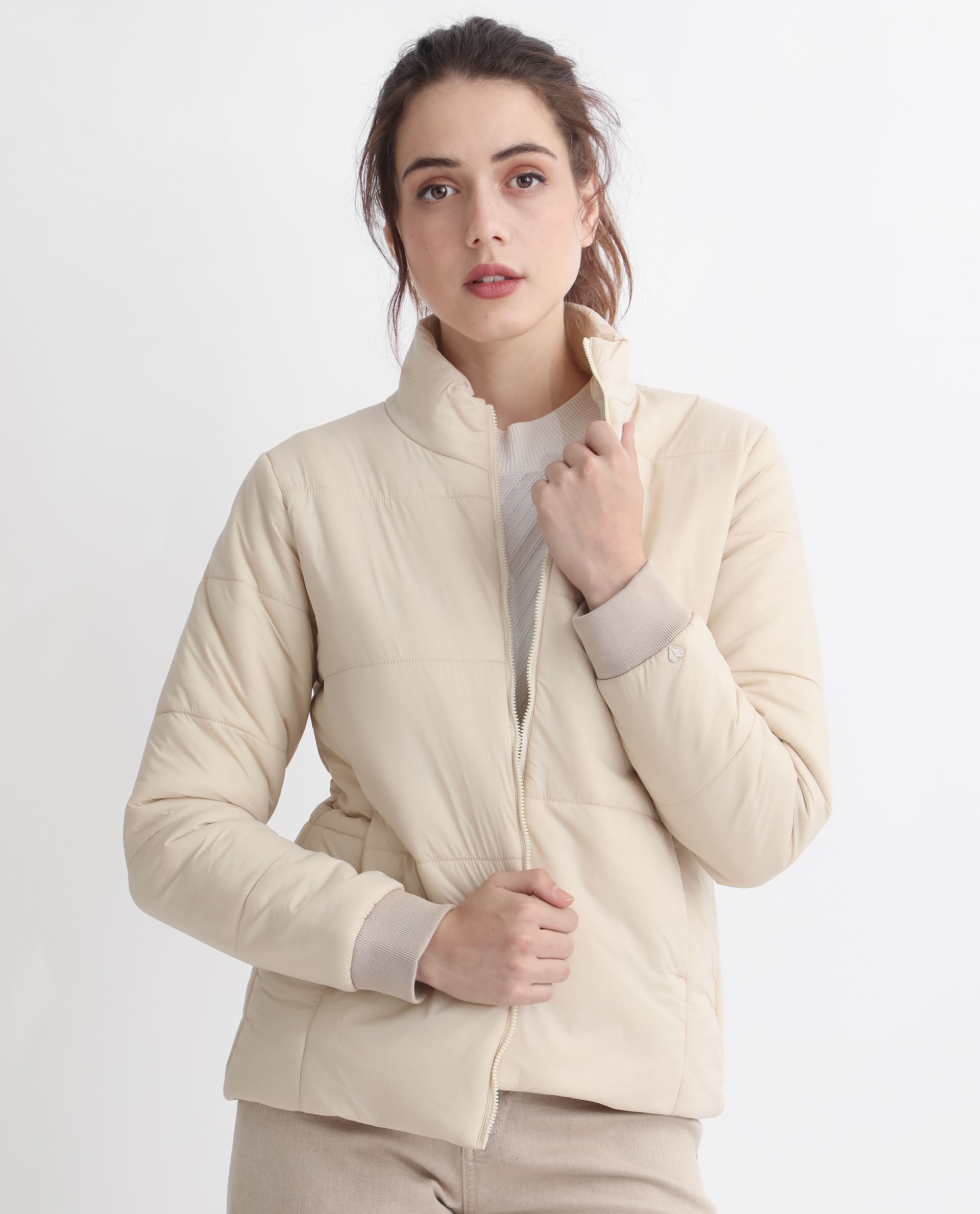 Rareism Women Glasha Ls Beige Polyester Fabric Full Sleeves Solid High Neck Jacket