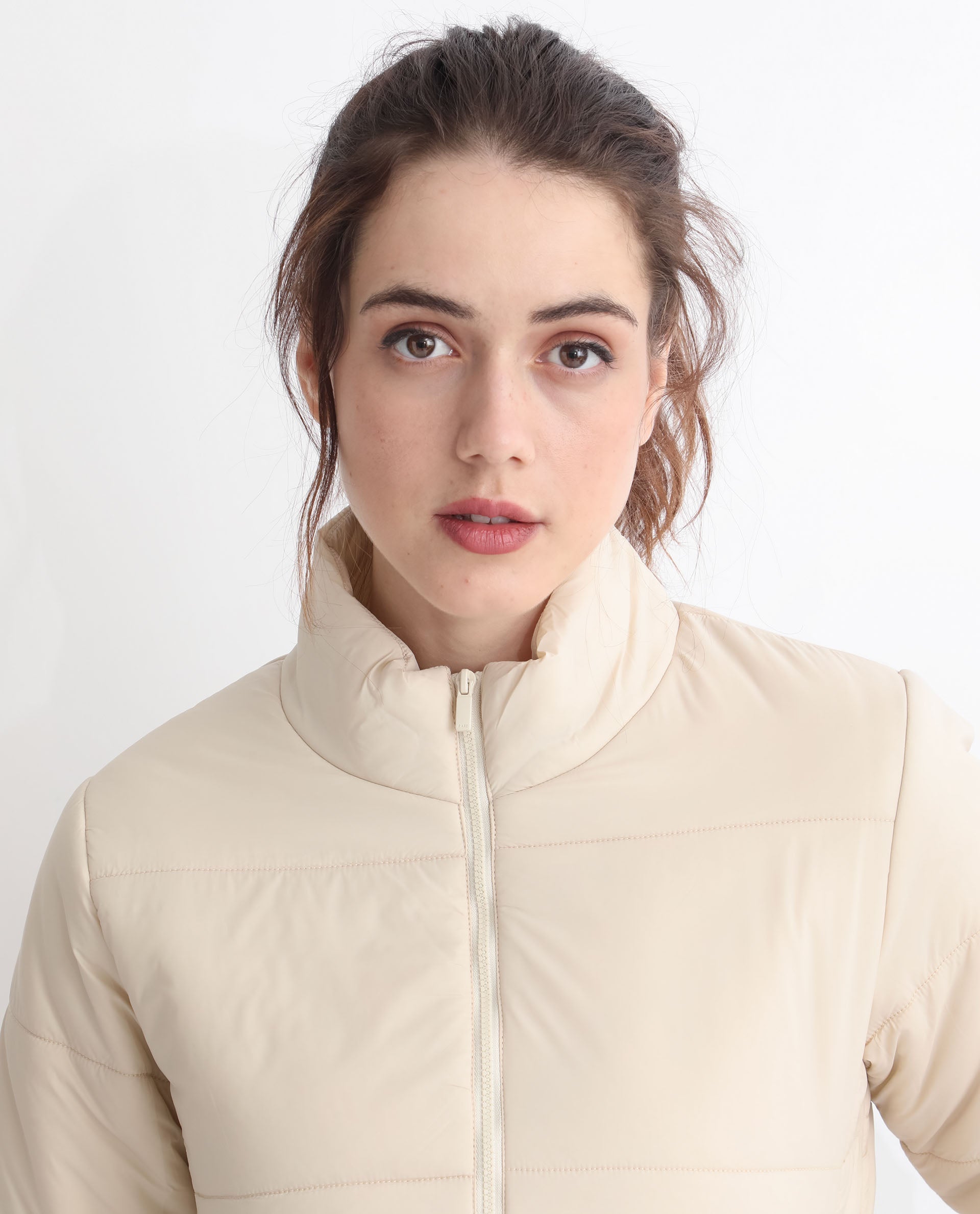 Rareism Women Glasha Ls Beige Polyester Fabric Full Sleeves Solid High Neck Jacket