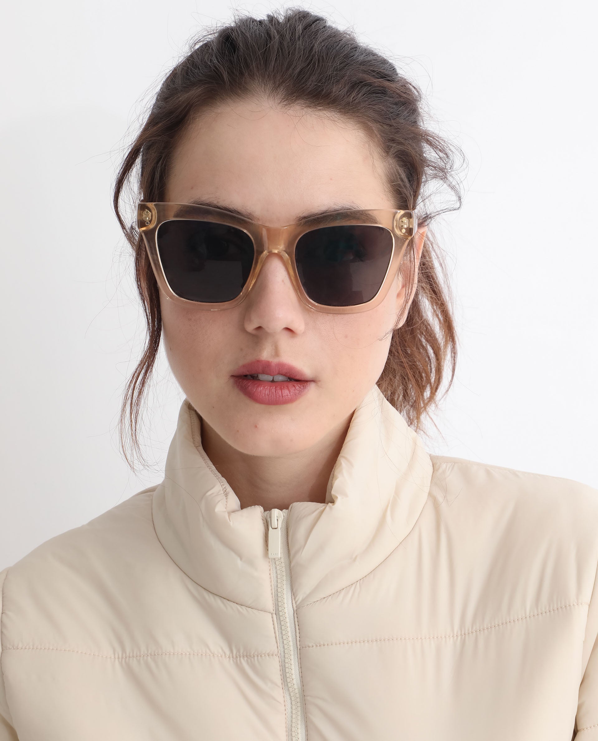 Rareism Women Glasha Ls Beige Polyester Fabric Full Sleeves Solid High Neck Jacket