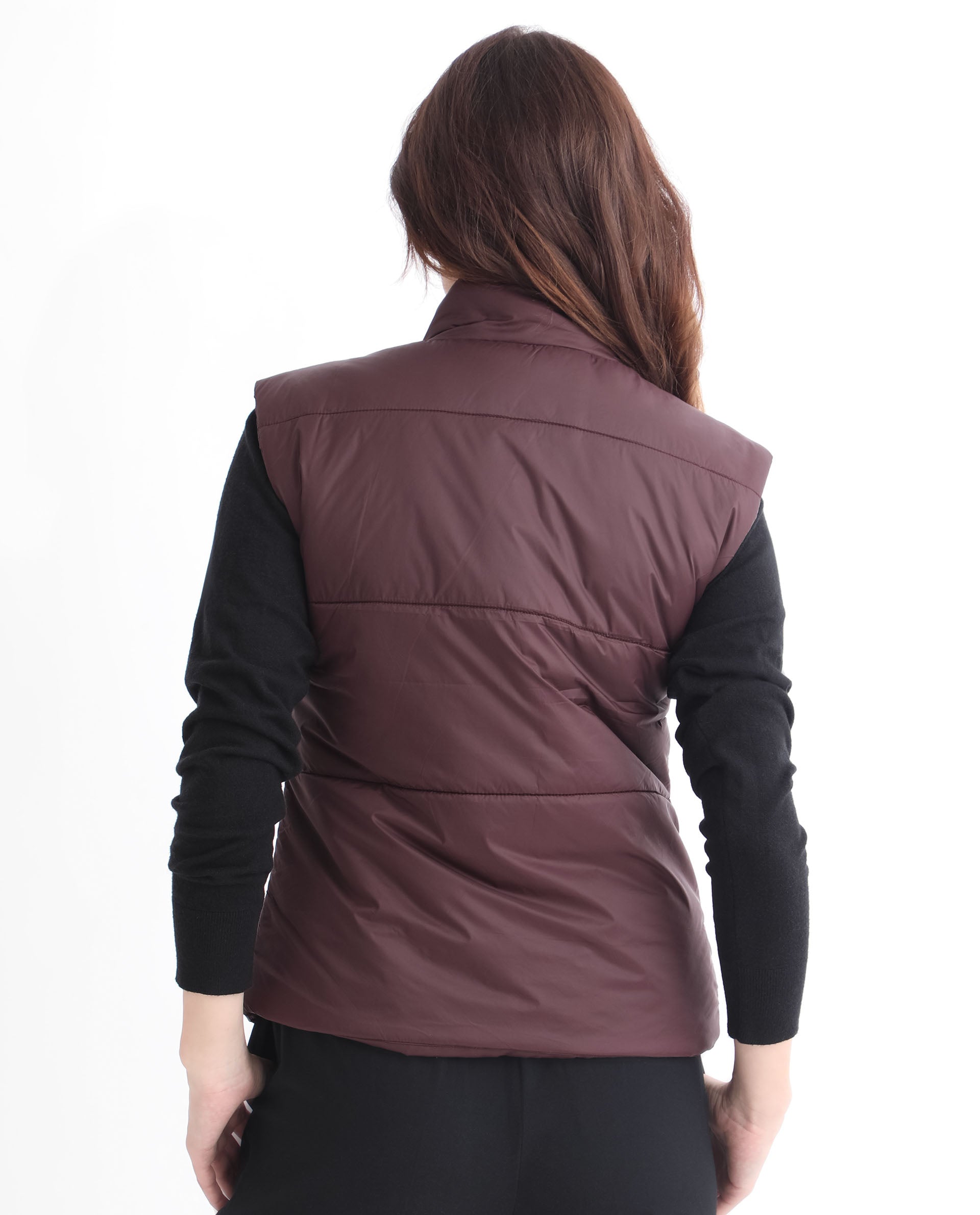 Rareism Women's Glasha Sl Maroon Polyester High Neck Plain Sleeveless Regular Fit Jacket