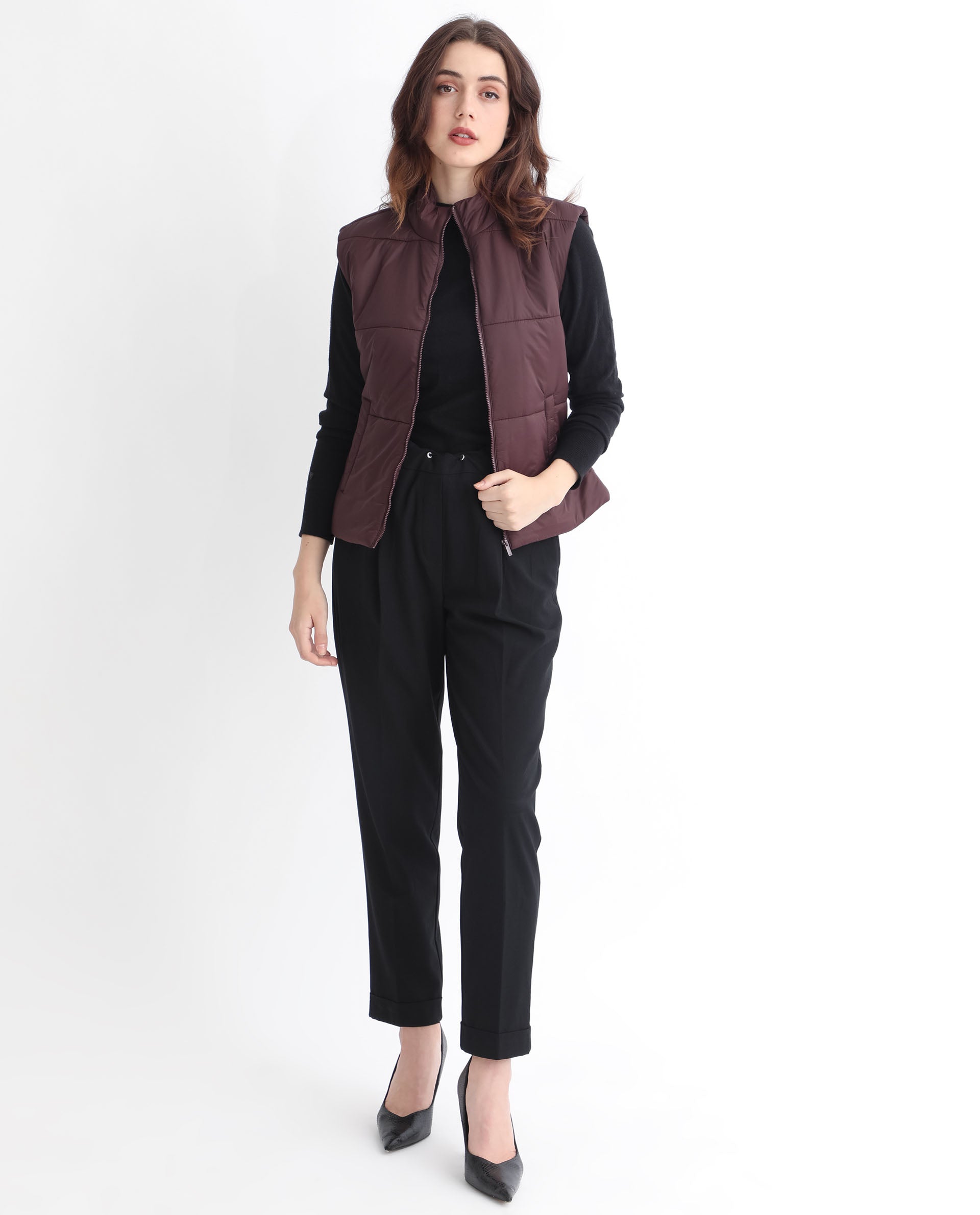 Rareism Women's Glasha Sl Maroon Polyester High Neck Plain Sleeveless Regular Fit Jacket
