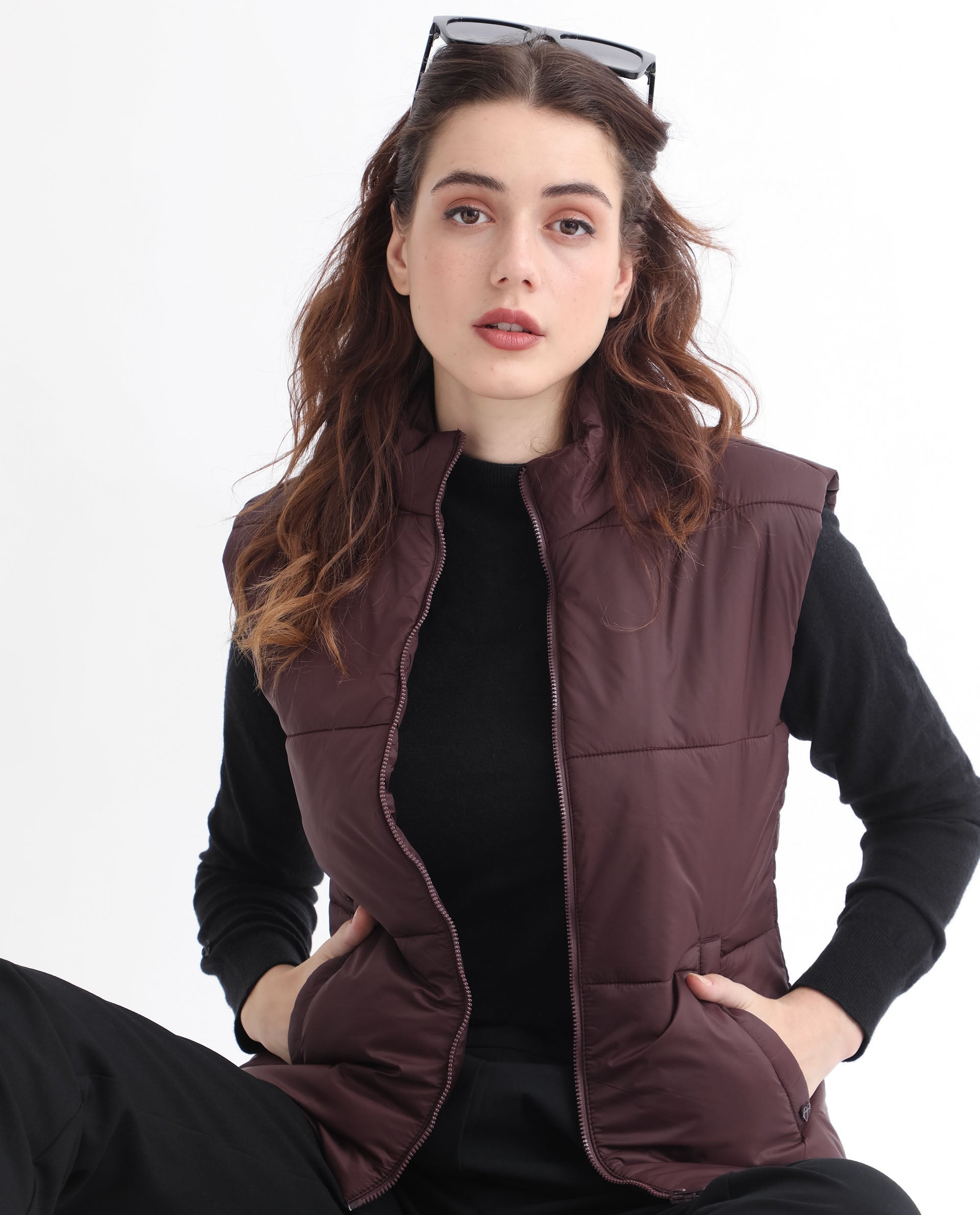 Rareism Women's Glasha Sl Maroon Polyester High Neck Plain Sleeveless Regular Fit Jacket