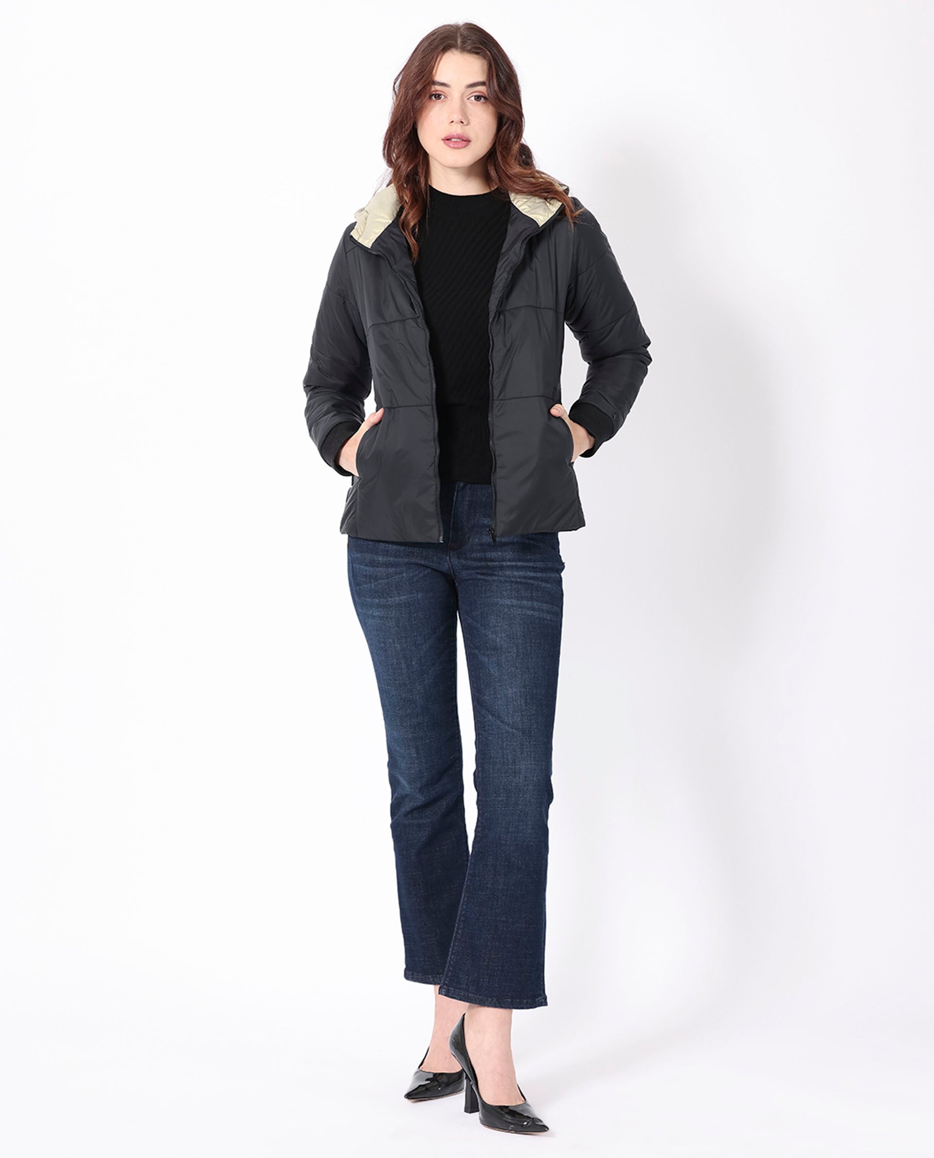 Rareism Women's Glasha Hls Black Polyester Hooded Plain Regular Fit Jacket