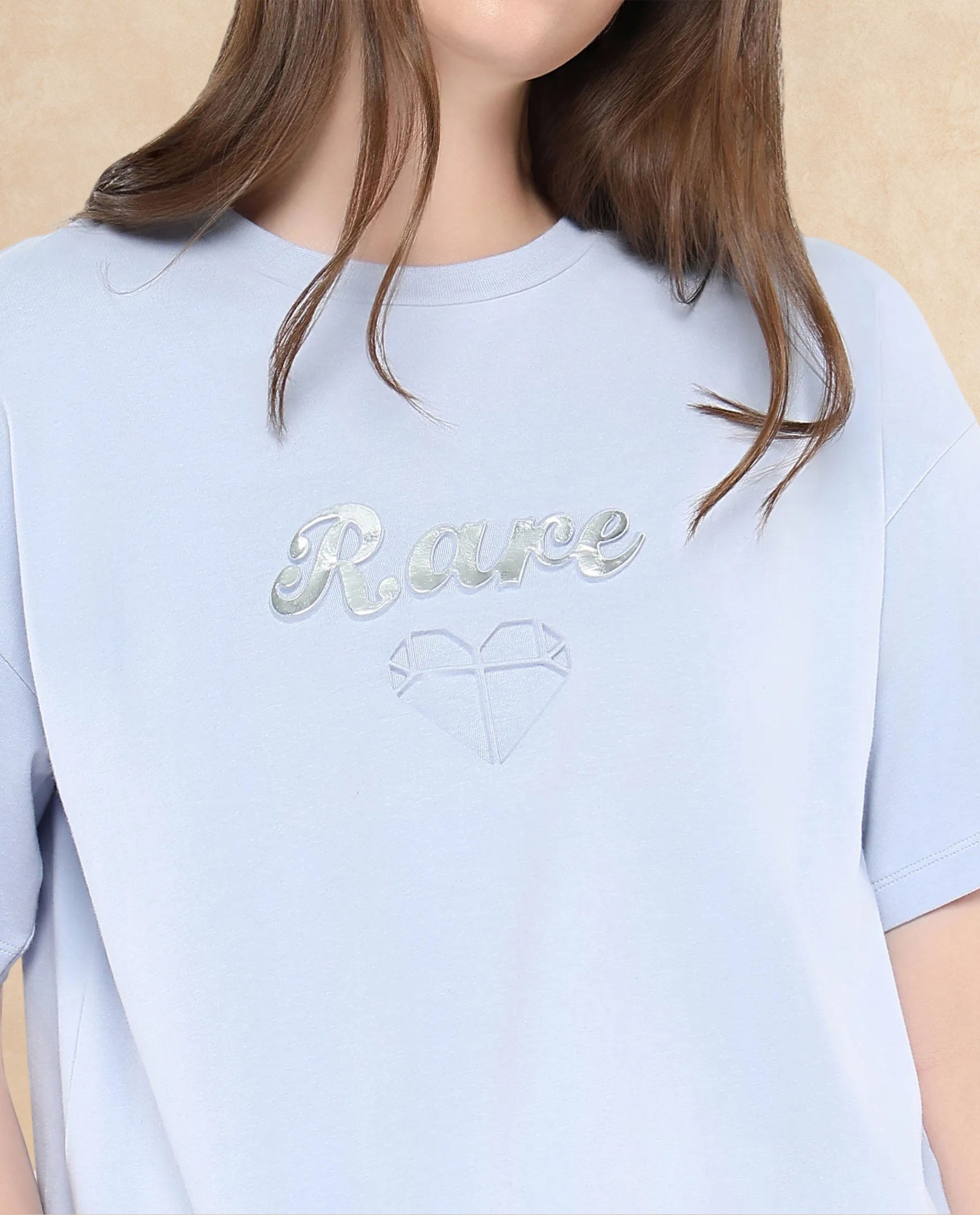 Rareism Women's Glimp Light Blue Cotton Blend Crew Neck Graphic Print Relaxed Fit T-Shirt