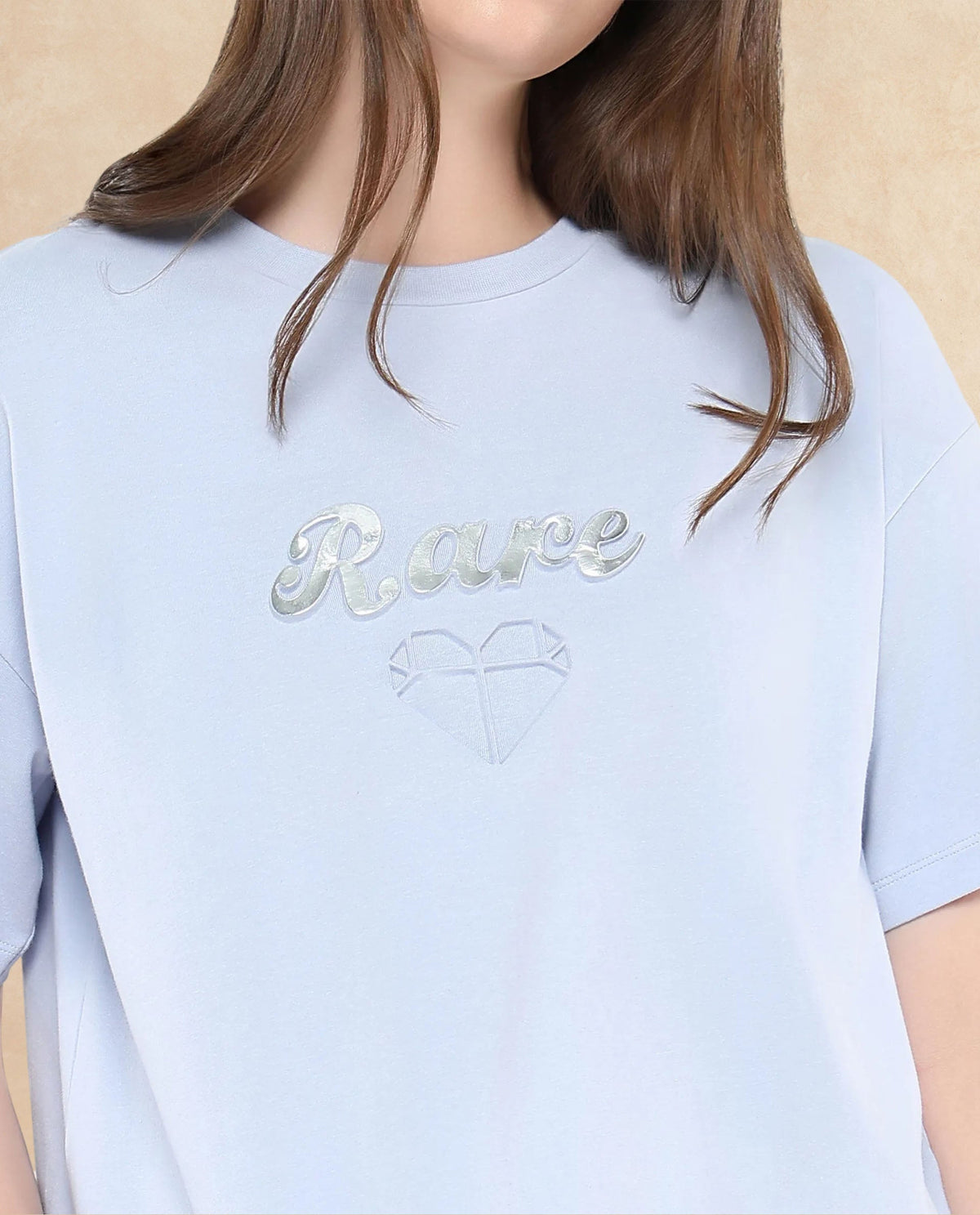 Rareism Women Glimp Light Blue Cotton Blend Fabric Short Sleeve Crew Neck Relaxed Fit Graphic Print T-Shirt