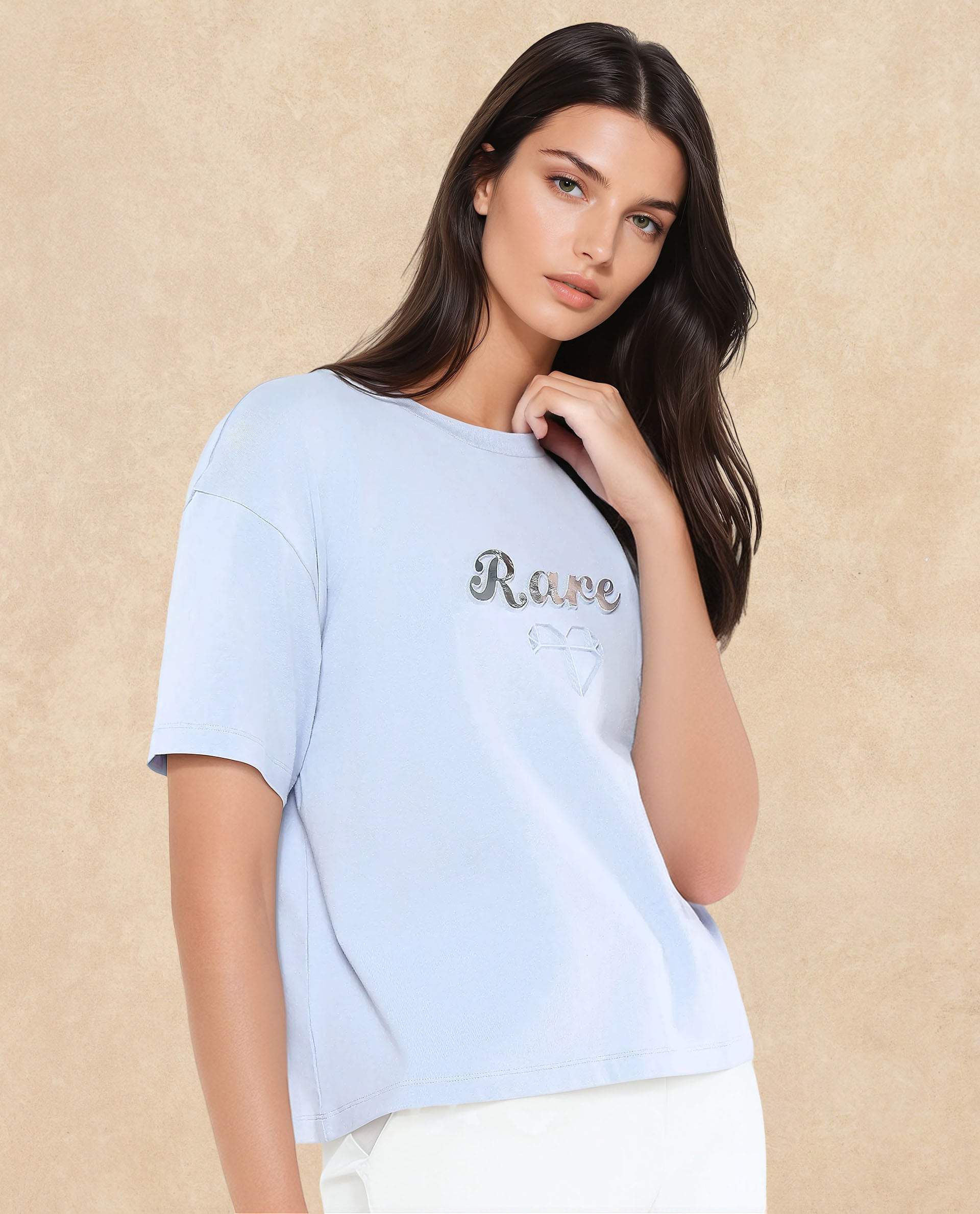 Rareism Women's Glimp Light Blue Cotton Blend Crew Neck Graphic Print Relaxed Fit T-Shirt
