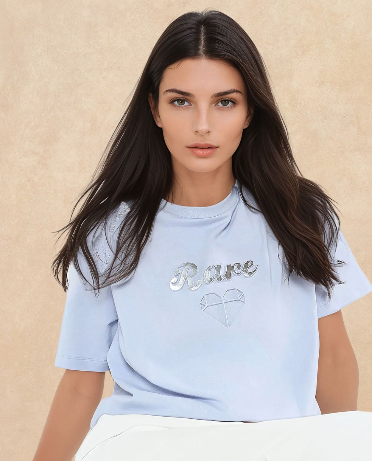Rareism Women's Glimp Light Blue Cotton Blend Crew Neck Graphic Print Relaxed Fit T-Shirt