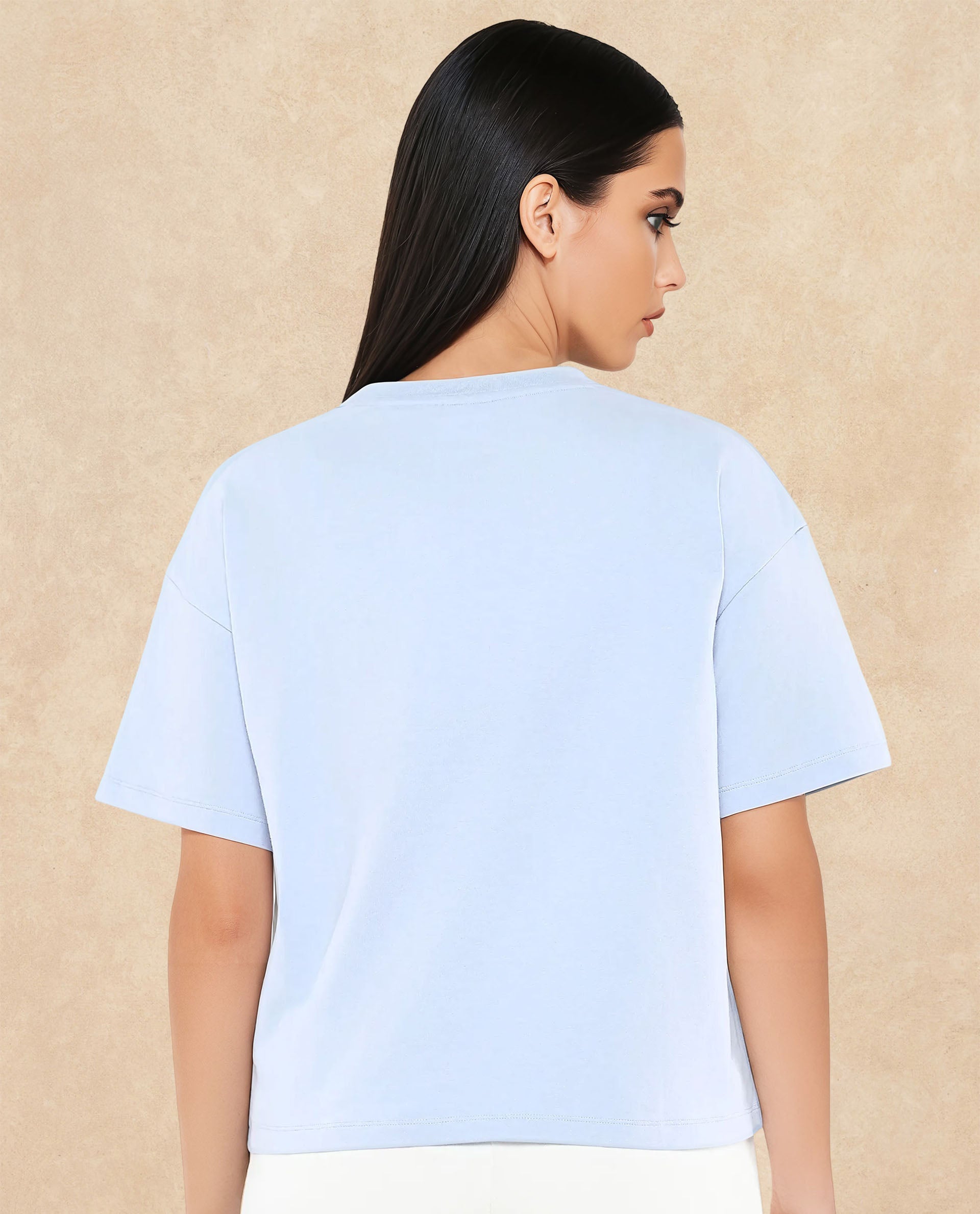 Rareism Women's Glimp Light Blue Cotton Blend Crew Neck Graphic Print Relaxed Fit T-Shirt