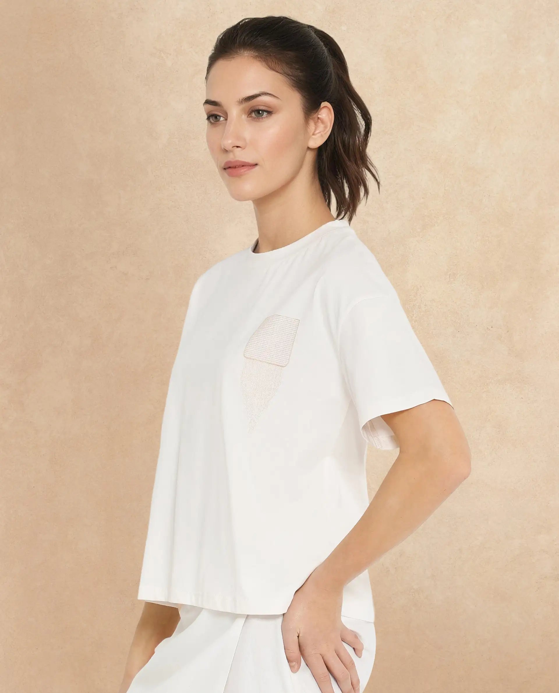 Rareism Women's Glondit Off White Cotton Blend Crew Neck Graphic Print Boxy Fit T-Shirt