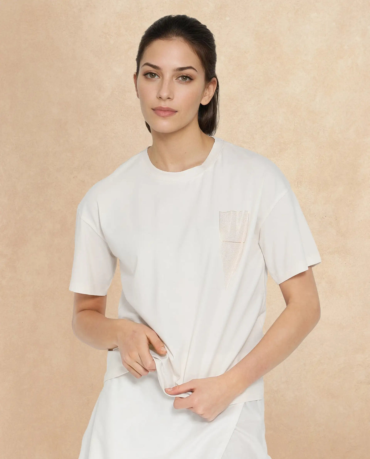 Rareism Women Glondit Off White Cotton Elastane Fabric Crew Neck Knit Solid T-Shirt
