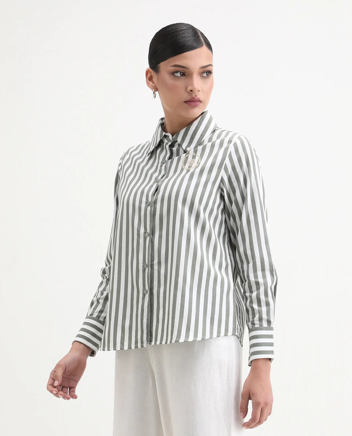 Rareism Women's Gloop Green Cotton Drop Collar Striped Cuffed Sleeve Regular Fit Shirt