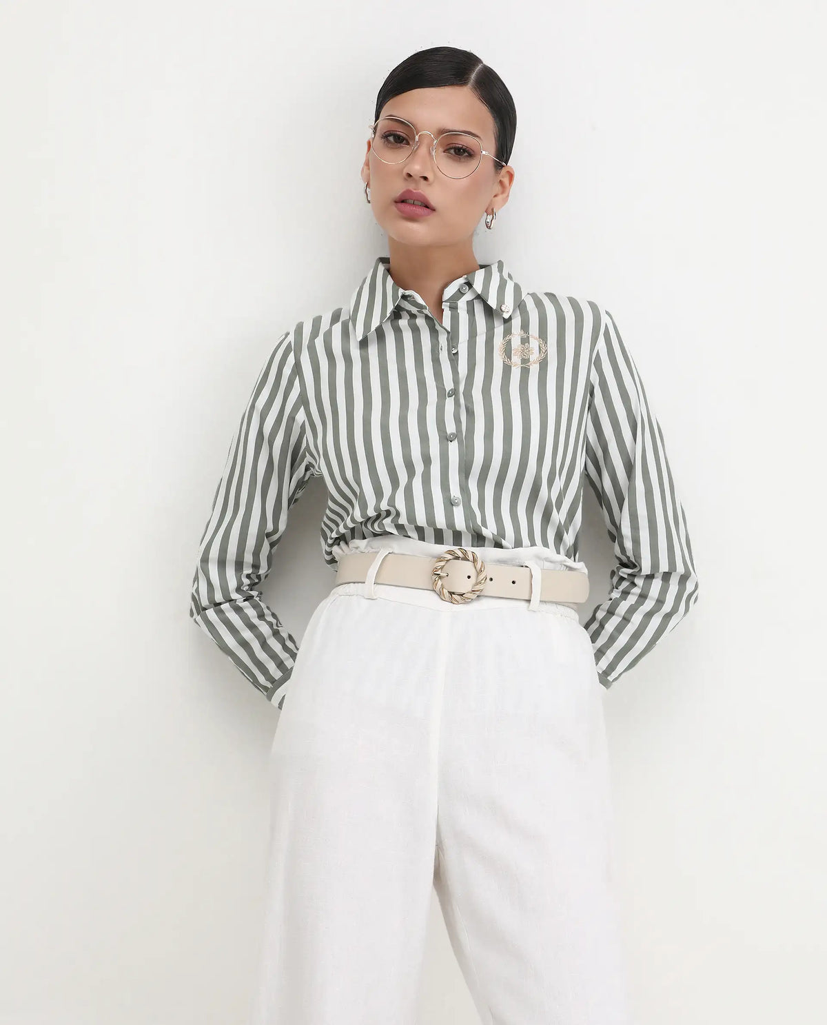 Rareism Women's Gloop Green Cotton Drop Collar Striped Cuffed Sleeve Regular Fit Shirt