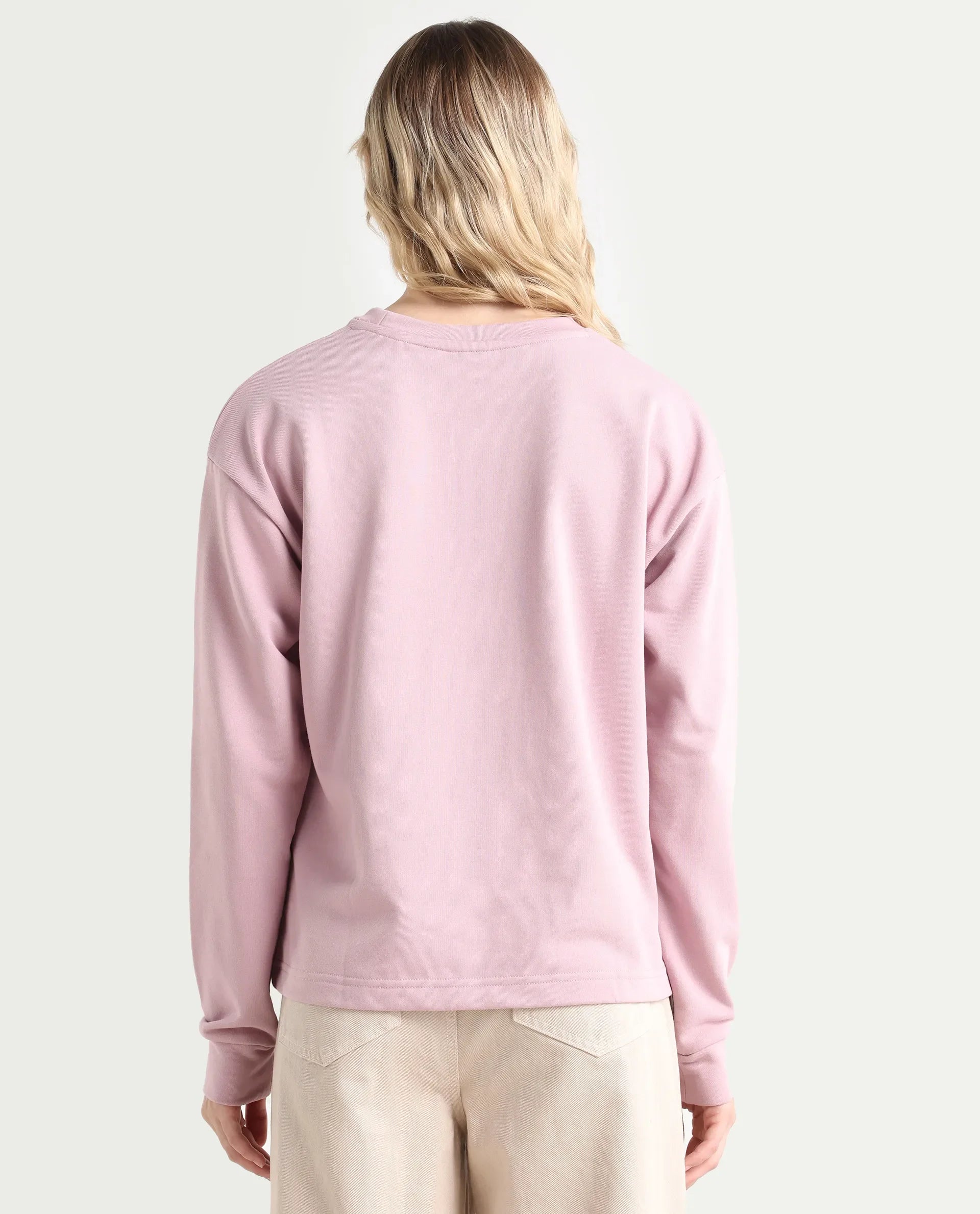Rareism Women's Goldberg Dusky Pink Polyester Blend Crew Neck Embroidered Regular Fit Sweatshirt