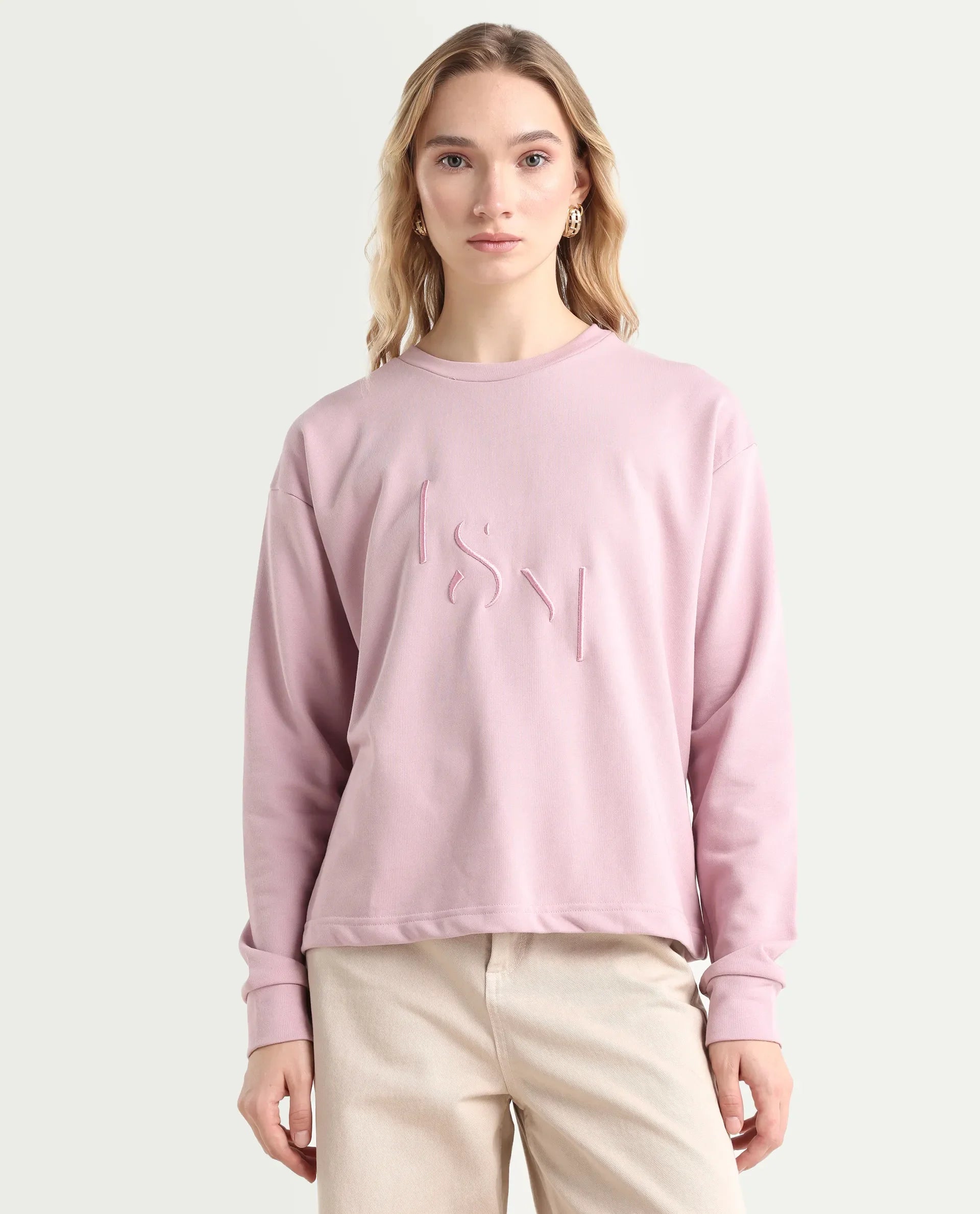 Rareism Women's Goldberg Dusky Pink Polyester Blend Crew Neck Embroidered Regular Fit Sweatshirt