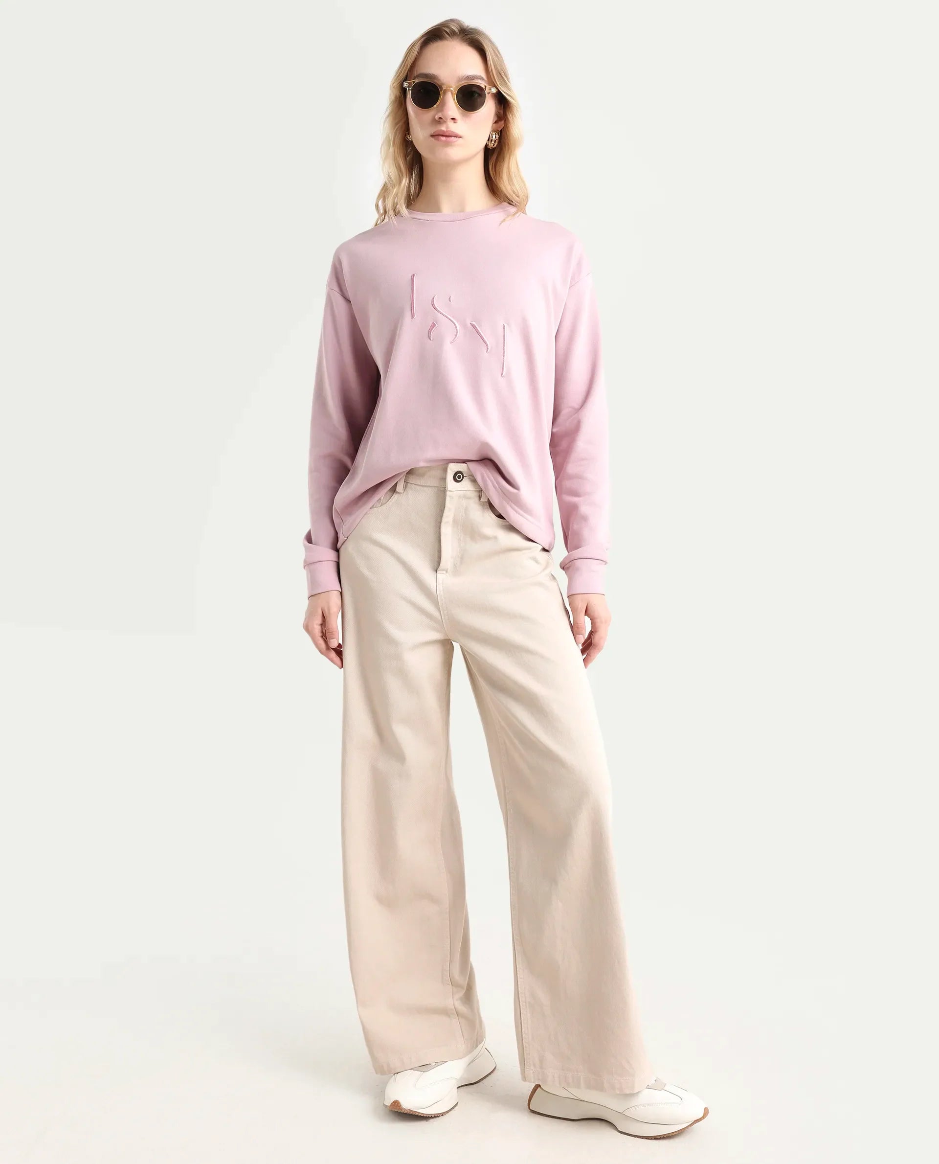 Rareism Women's Goldberg Dusky Pink Polyester Blend Crew Neck Embroidered Regular Fit Sweatshirt