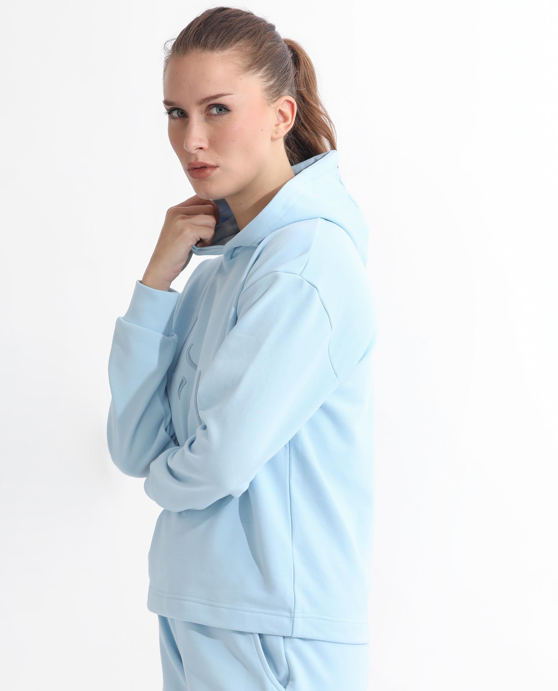 Rareism Women's Golder Light Blue Polyester Blend Hooded Embroidered Regular Fit Sweatshirt