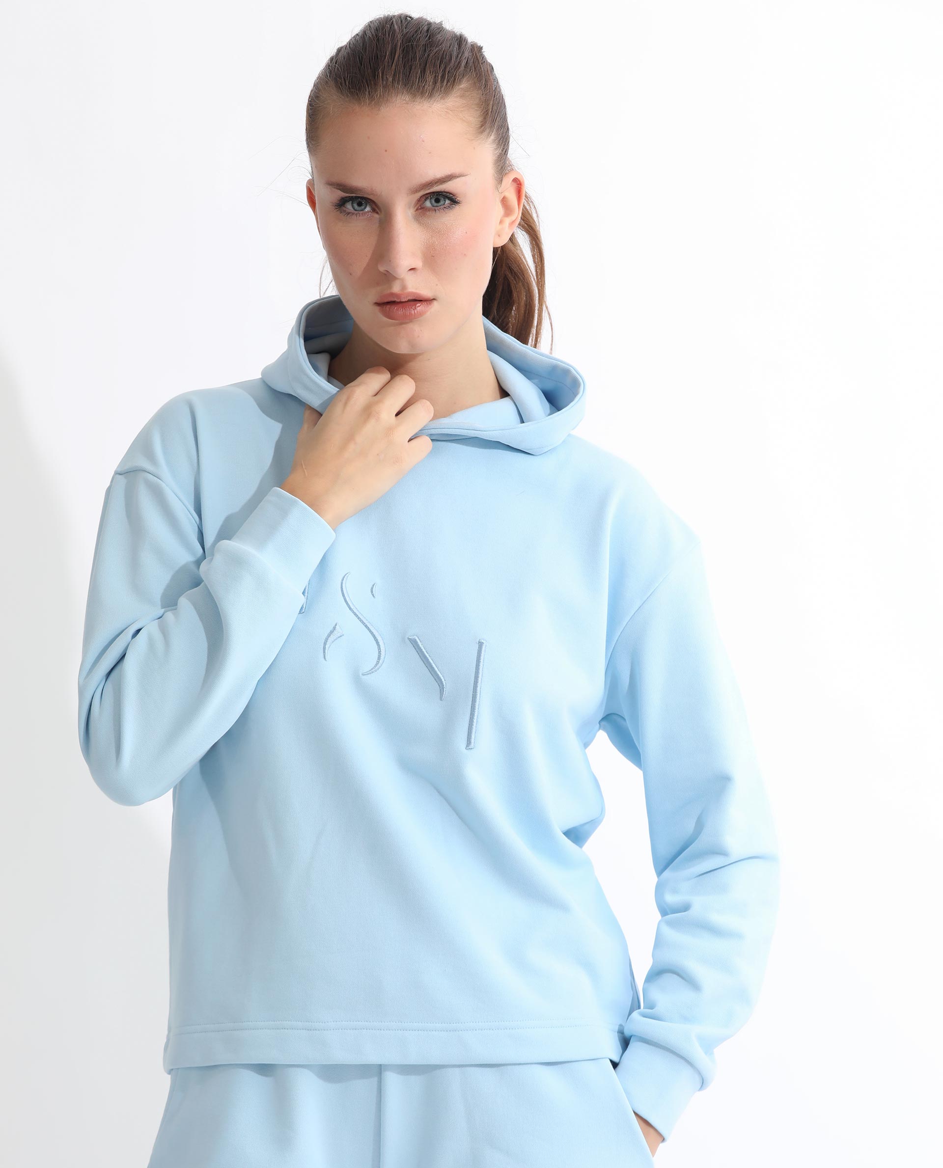 Rareism Women's Golder Light Blue Polyester Blend Hooded Embroidered Regular Fit Sweatshirt
