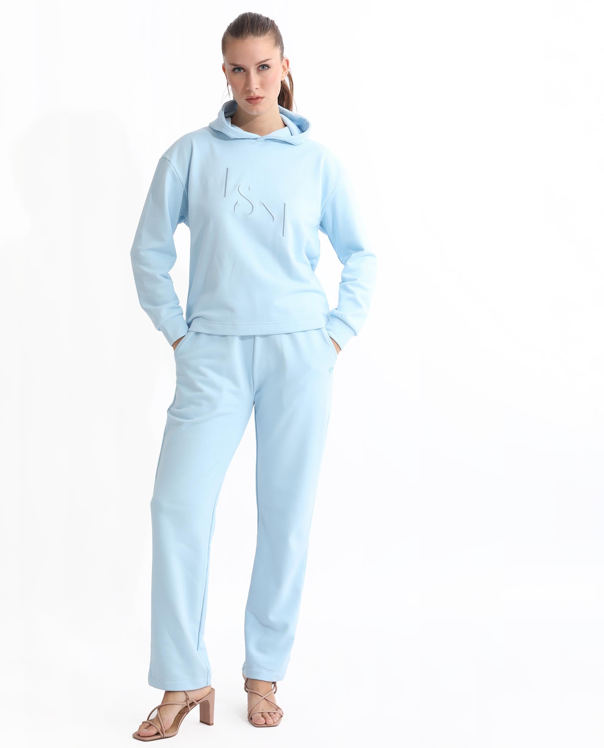 Rareism Women's Golder Light Blue Polyester Blend Hooded Embroidered Regular Fit Sweatshirt