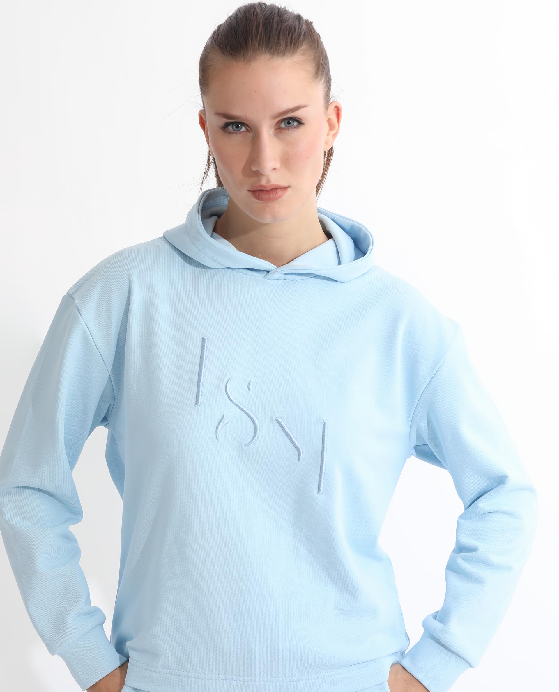 Rareism Women's Golder Light Blue Polyester Blend Hooded Embroidered Regular Fit Sweatshirt
