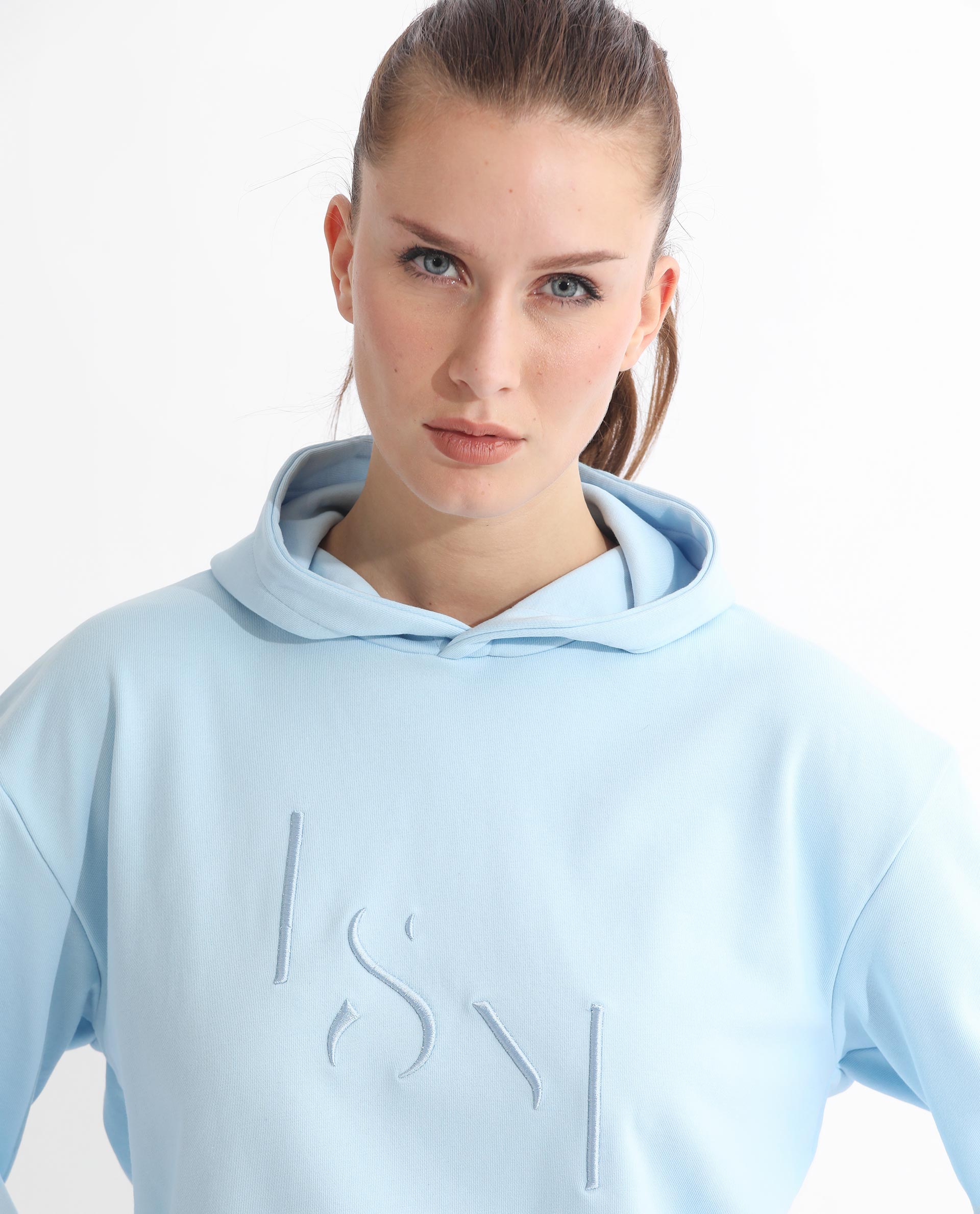 Rareism Women's Golder Light Blue Polyester Blend Hooded Embroidered Regular Fit Sweatshirt