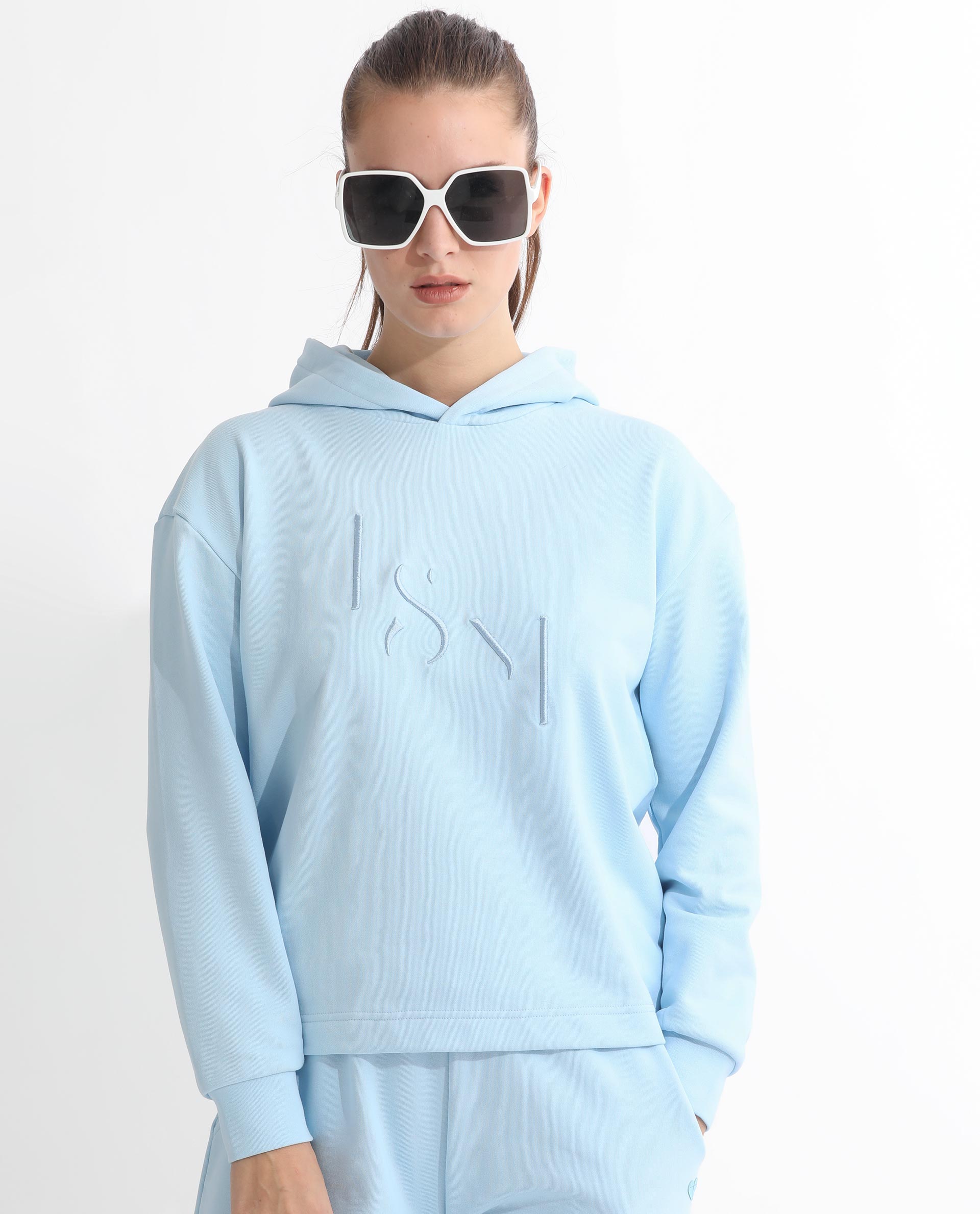 Rareism Women's Golder Light Blue Polyester Blend Hooded Embroidered Regular Fit Sweatshirt