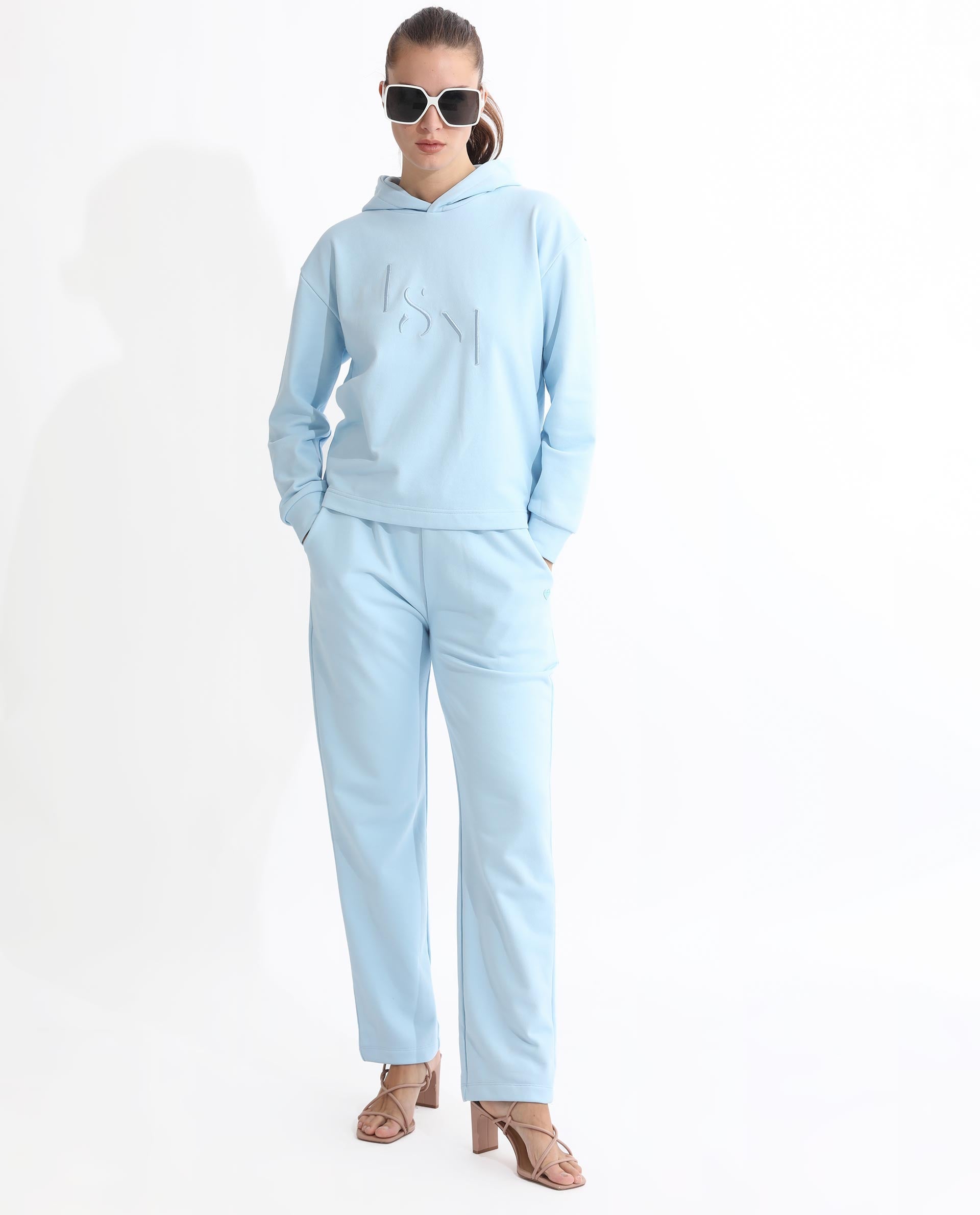 Rareism Women's Golder Light Blue Polyester Blend Hooded Embroidered Regular Fit Sweatshirt