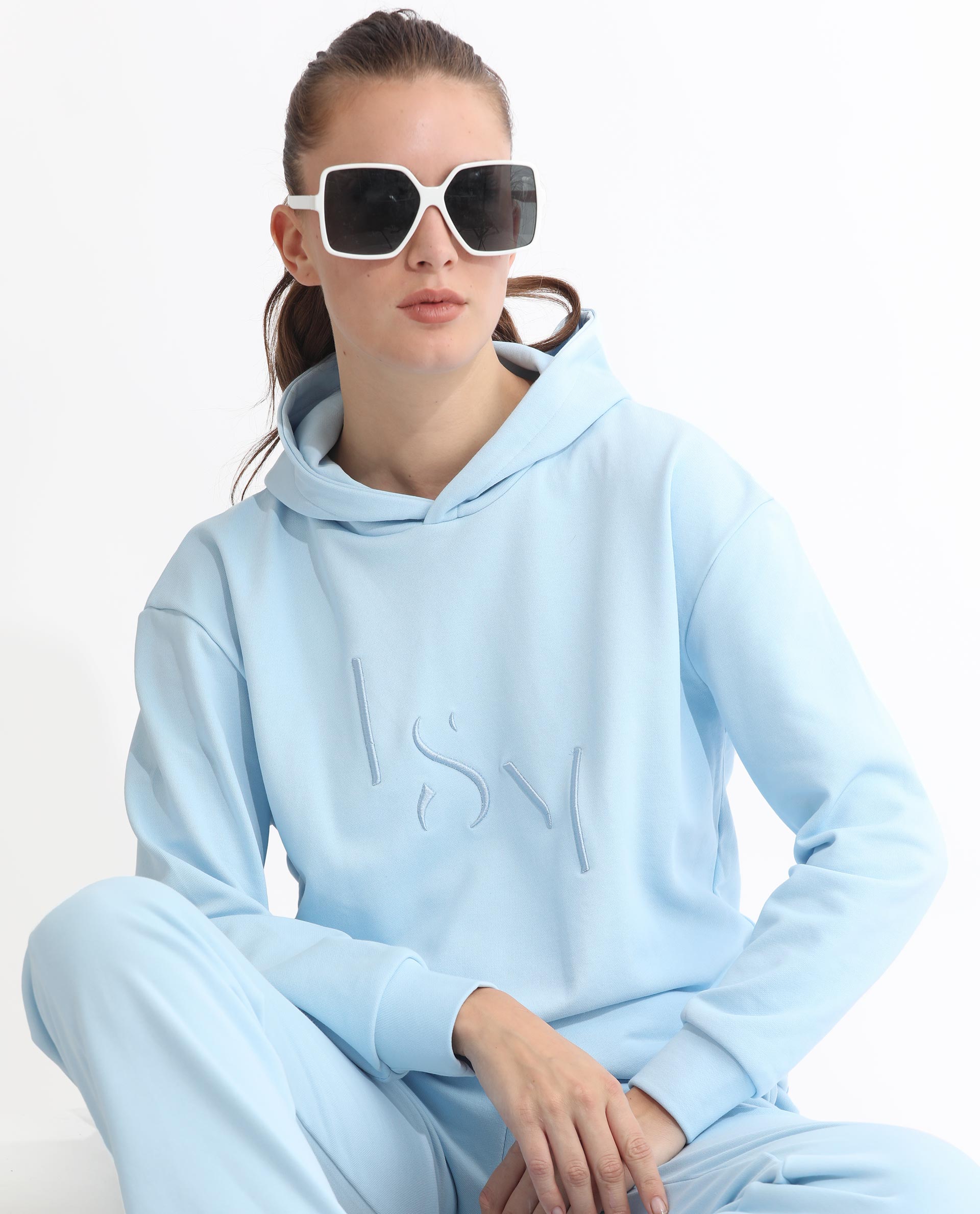 Rareism Women's Golder Light Blue Polyester Blend Hooded Embroidered Regular Fit Sweatshirt