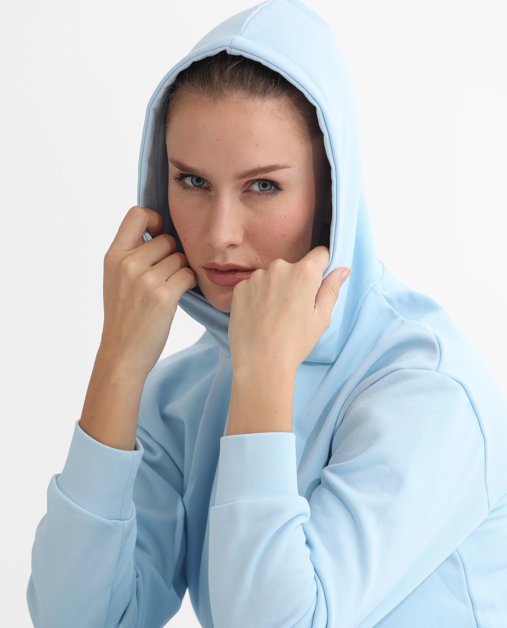 Rareism Women's Golder Light Blue Polyester Blend Hooded Embroidered Regular Fit Sweatshirt