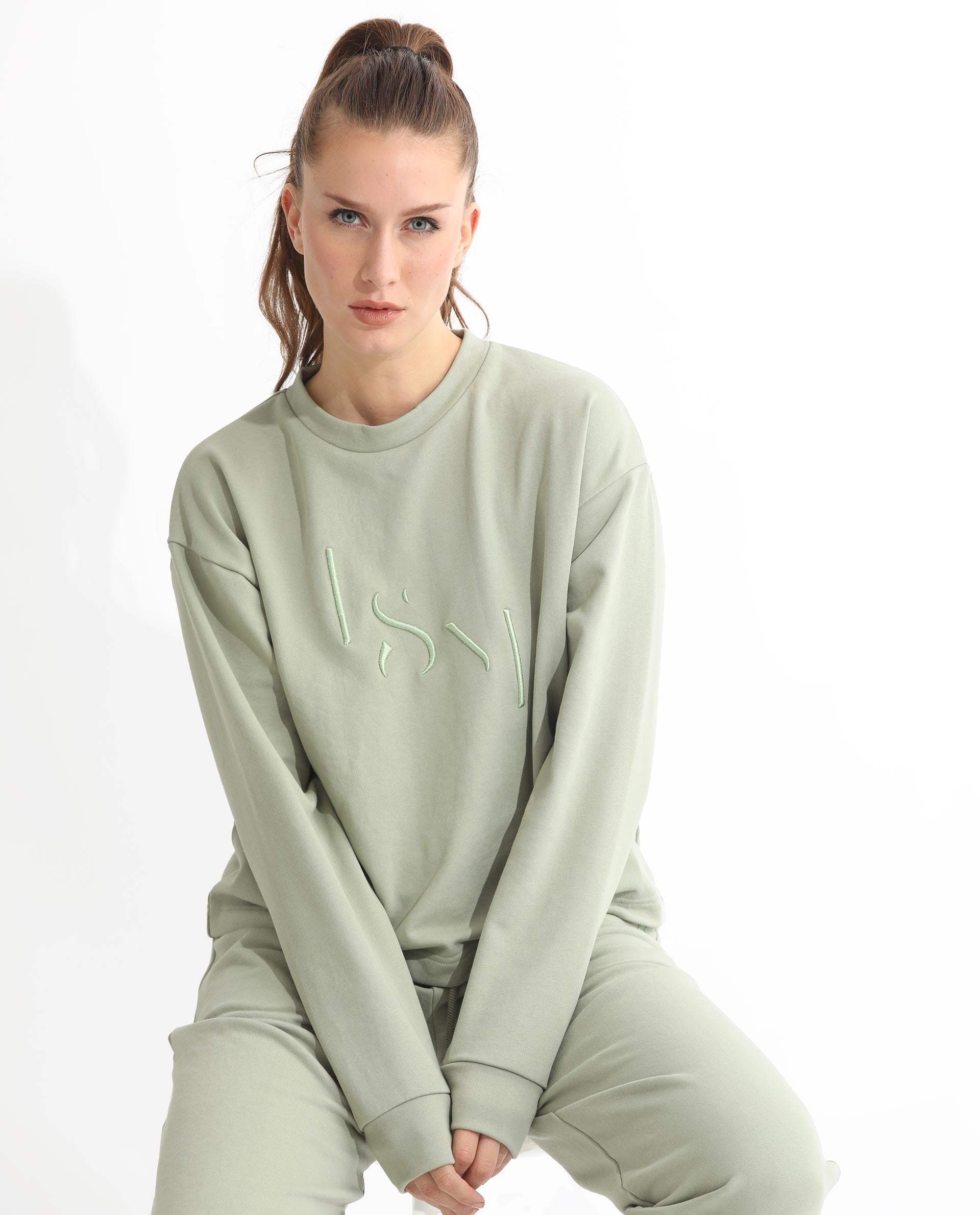 Rareism Women's Goldrage Dusky Green Polyester Blend Crew Neck Embroidered Regular Fit Sweatshirt