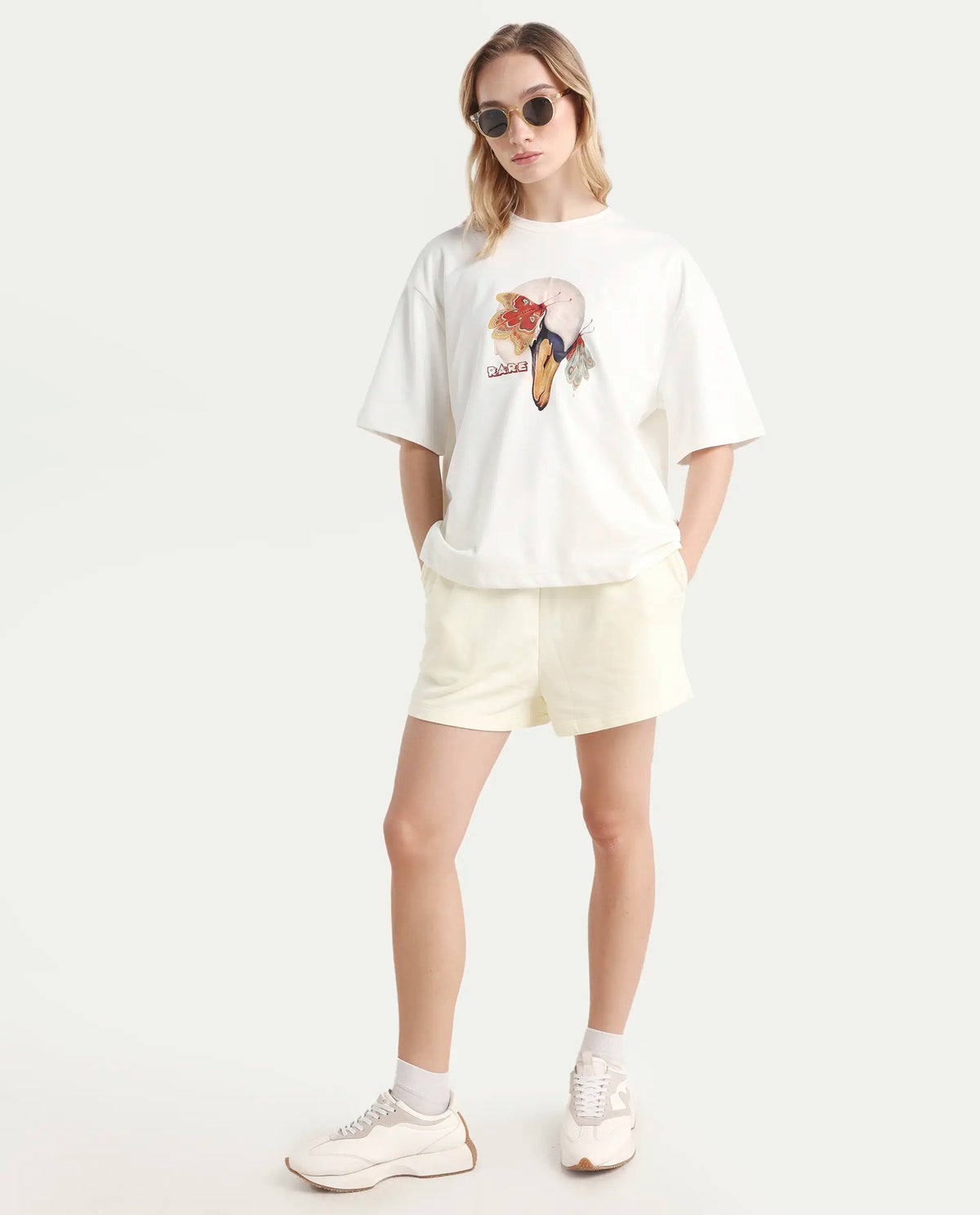 Rareism Women's Grail Off White Cotton Blend Crew Neck Graphic Print Oversized T-Shirt