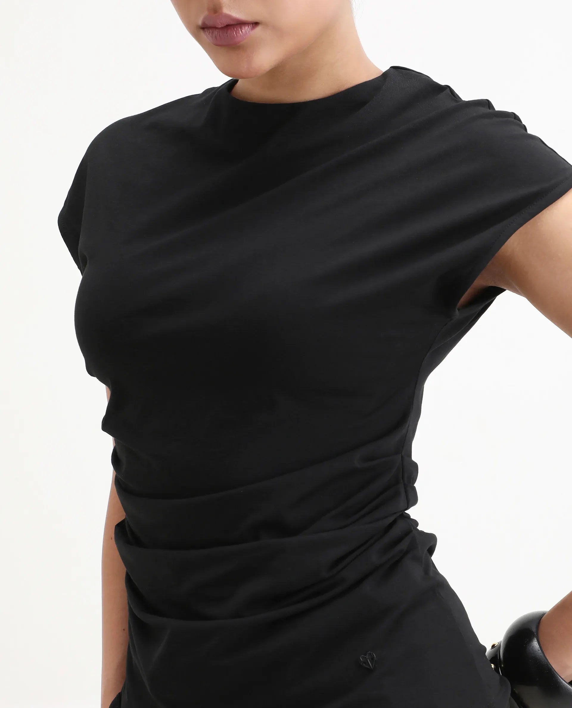 Rareism Women's Granden Black Cotton Crew Neck Plain Extended Sleeves Regular Fit Top