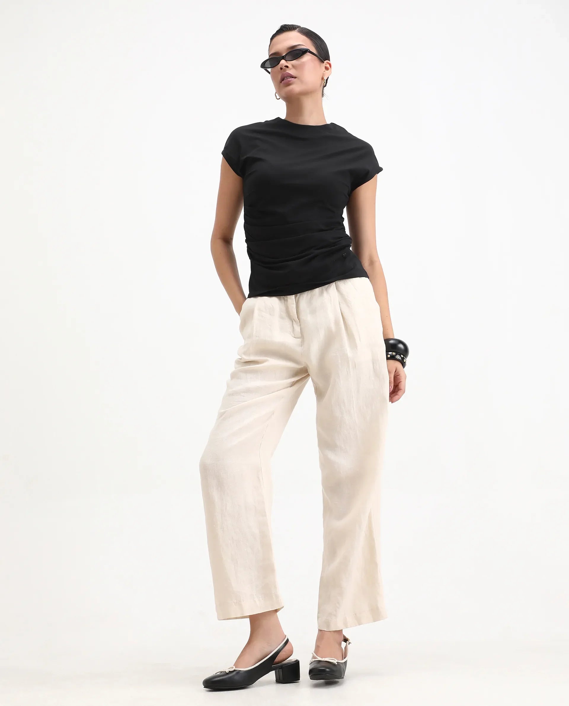 Rareism Women's Granden Black Cotton Crew Neck Plain Extended Sleeves Regular Fit Top