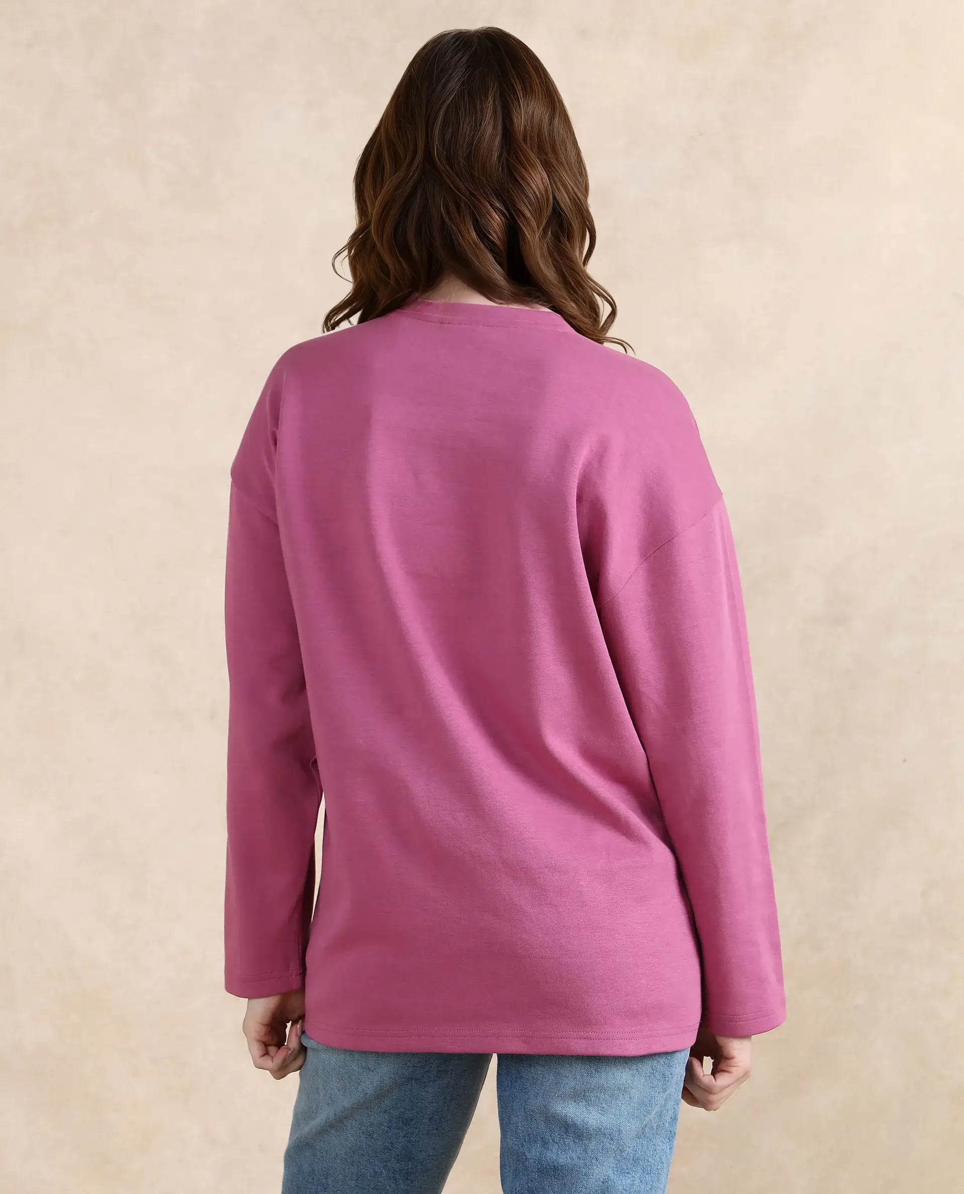 Rareism Women's Gravity Pink Cotton Blend Crew Neck Plain Hip Length Relaxed Fit Sweatshirt