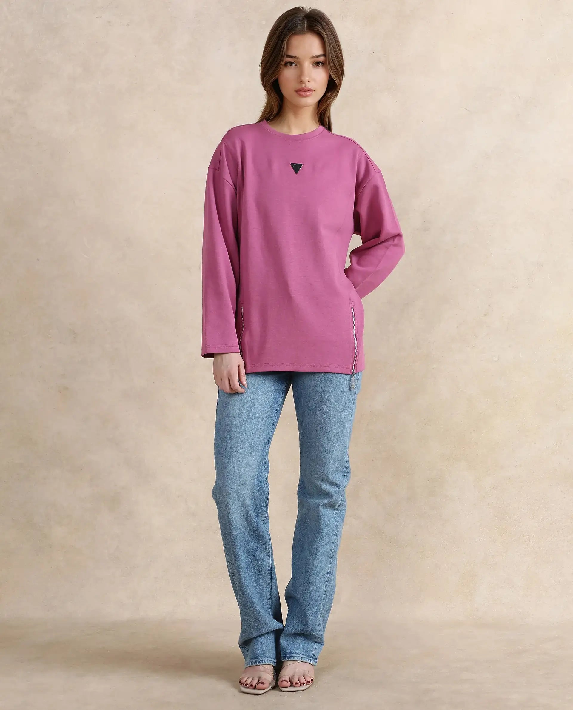 Rareism Women's Gravity Pink Cotton Blend Crew Neck Plain Hip Length Relaxed Fit Sweatshirt